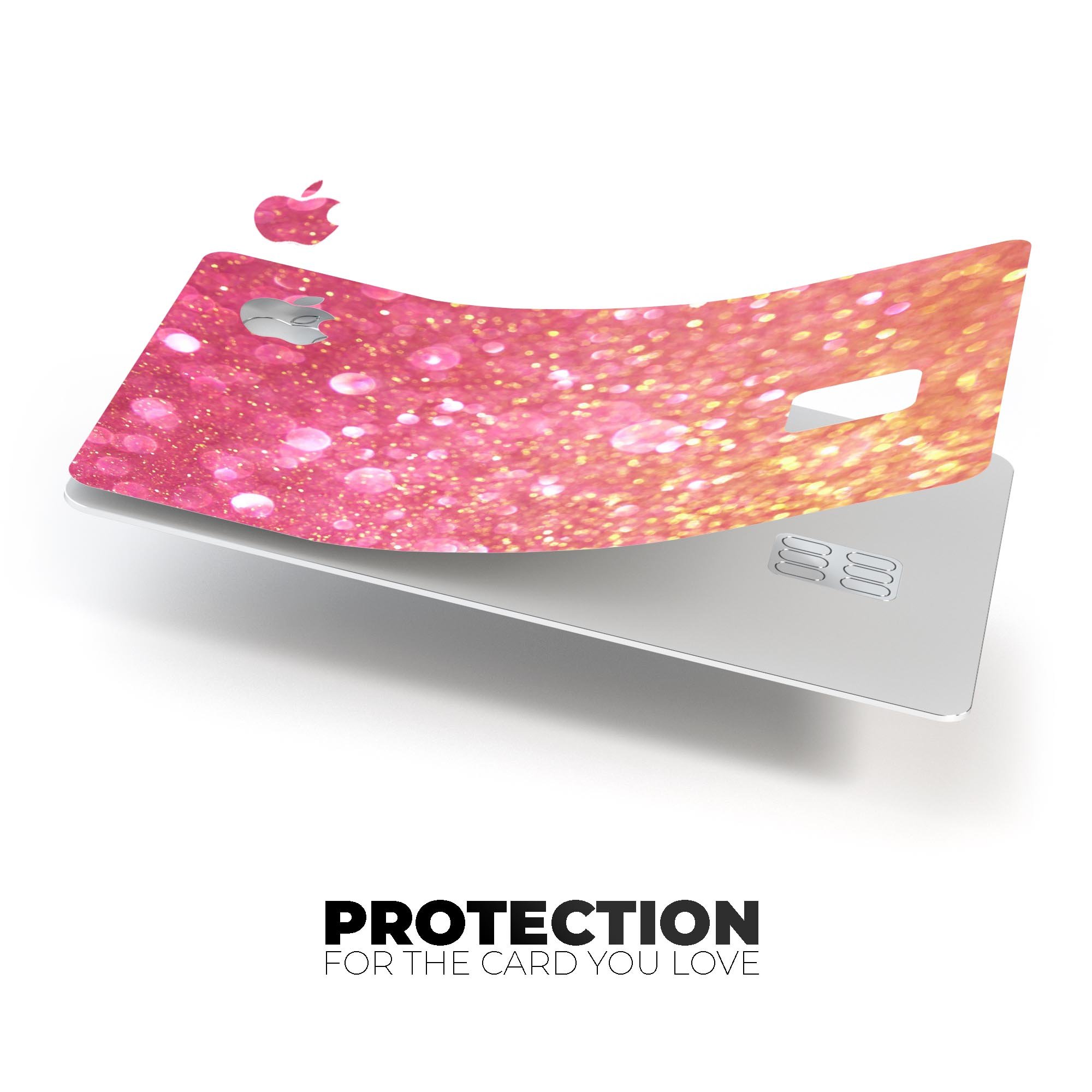 Unfocused Pink and Gold Orbs skin kit for Apple Card, showcasing vibrant colors and premium vinyl material.