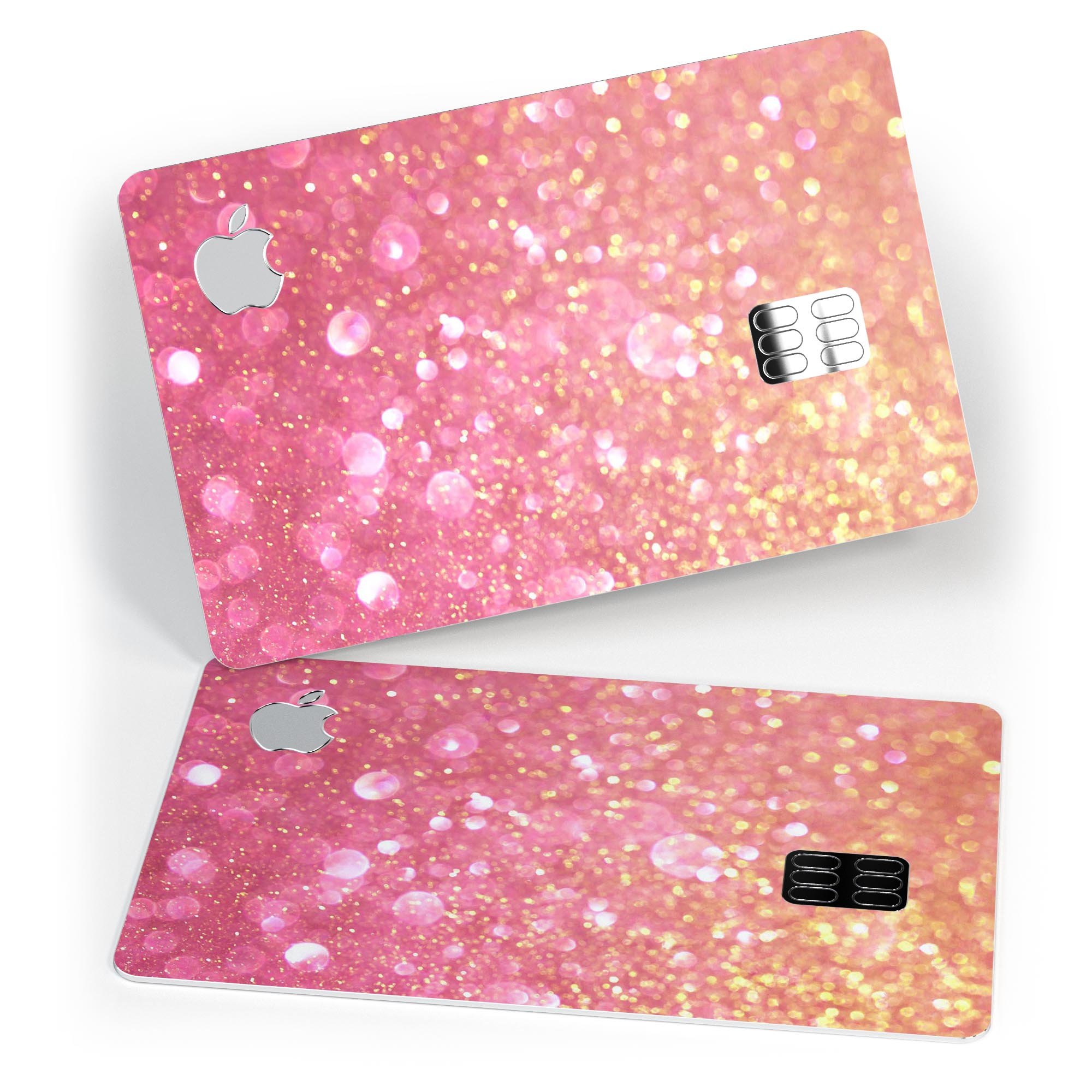 Unfocused Pink and Gold Orbs skin kit for Apple Card, showcasing vibrant colors and premium vinyl material.