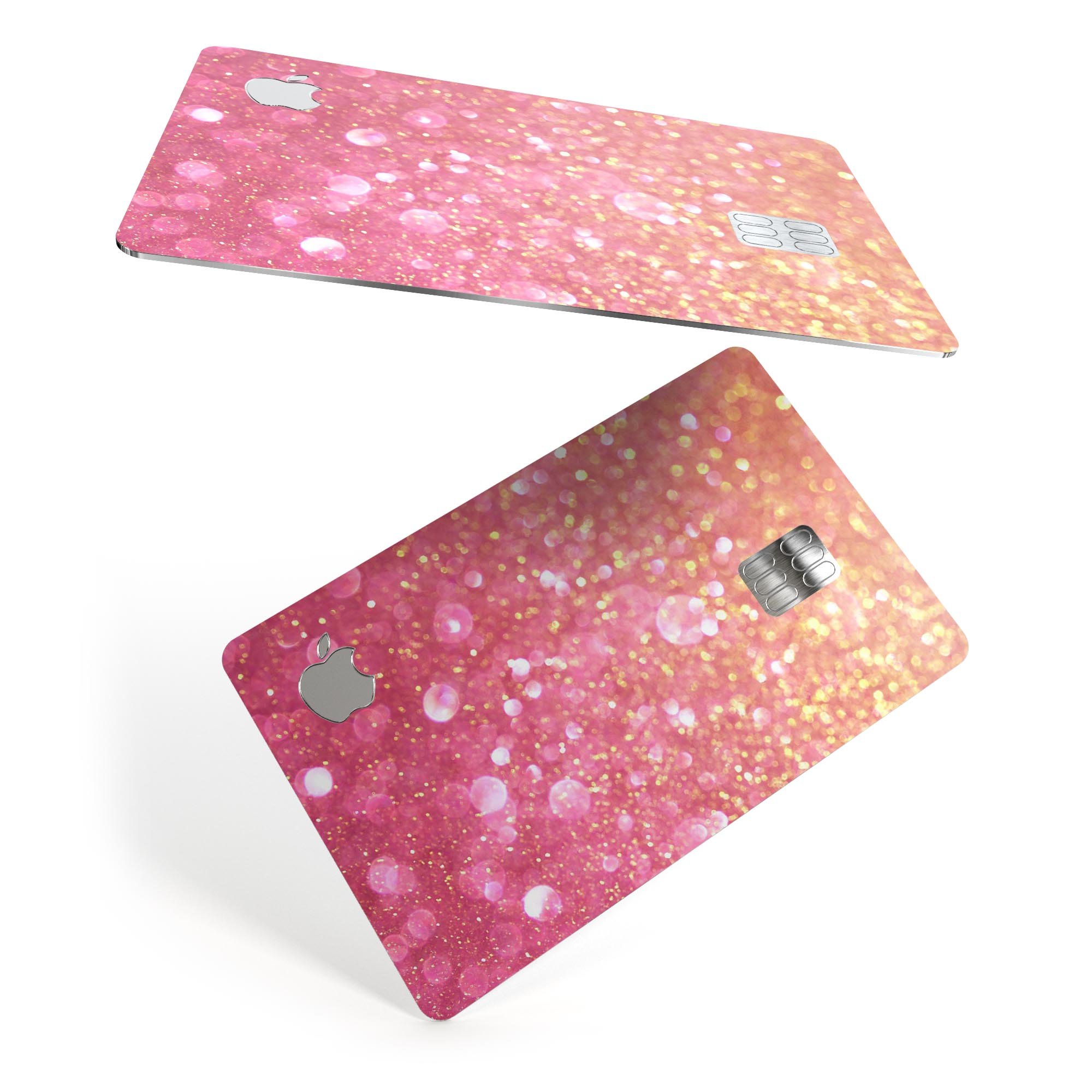 Unfocused Pink and Gold Orbs skin kit for Apple Card, showcasing vibrant colors and premium vinyl material.