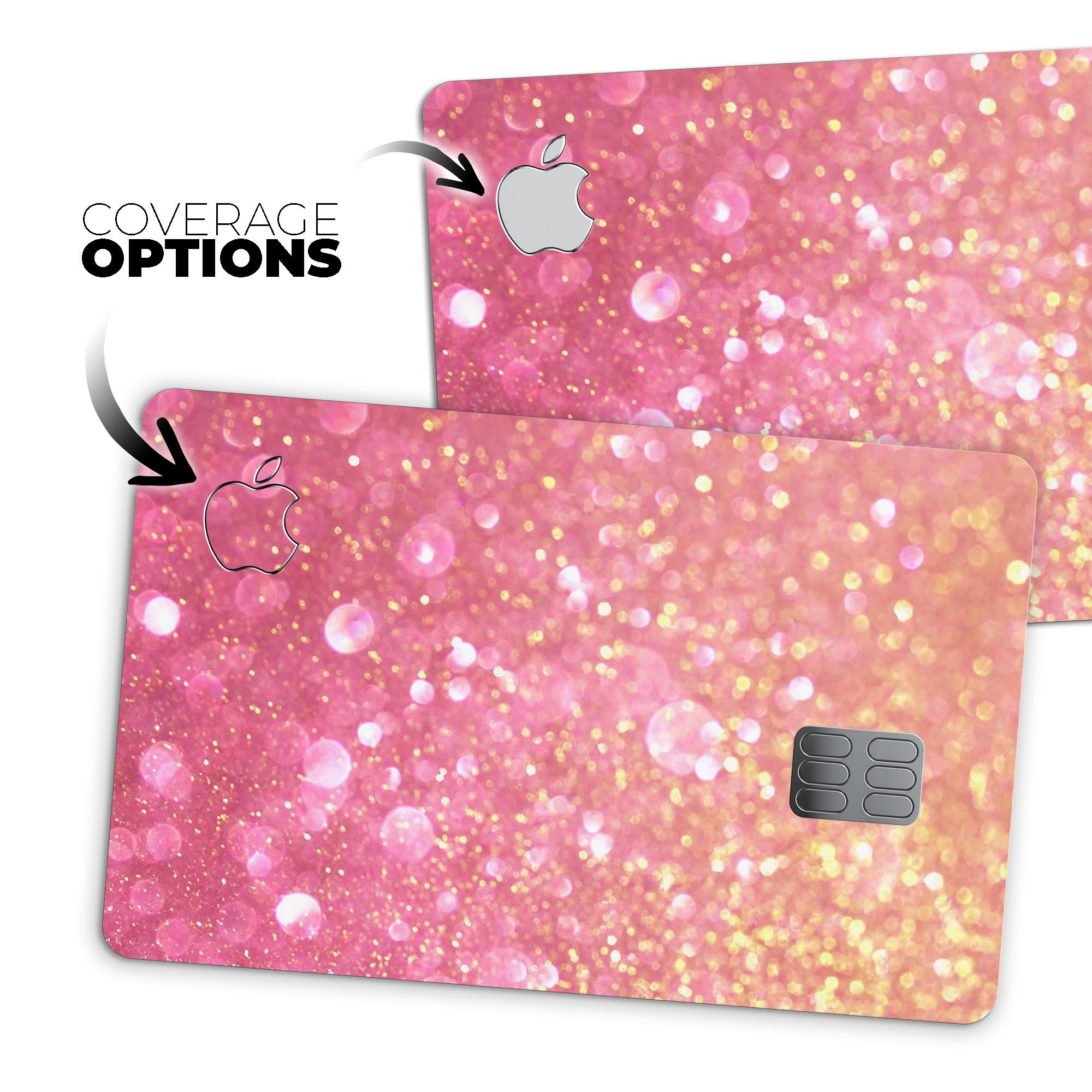 Unfocused Pink and Gold Orbs skin kit for Apple Card, showcasing vibrant colors and premium vinyl material.