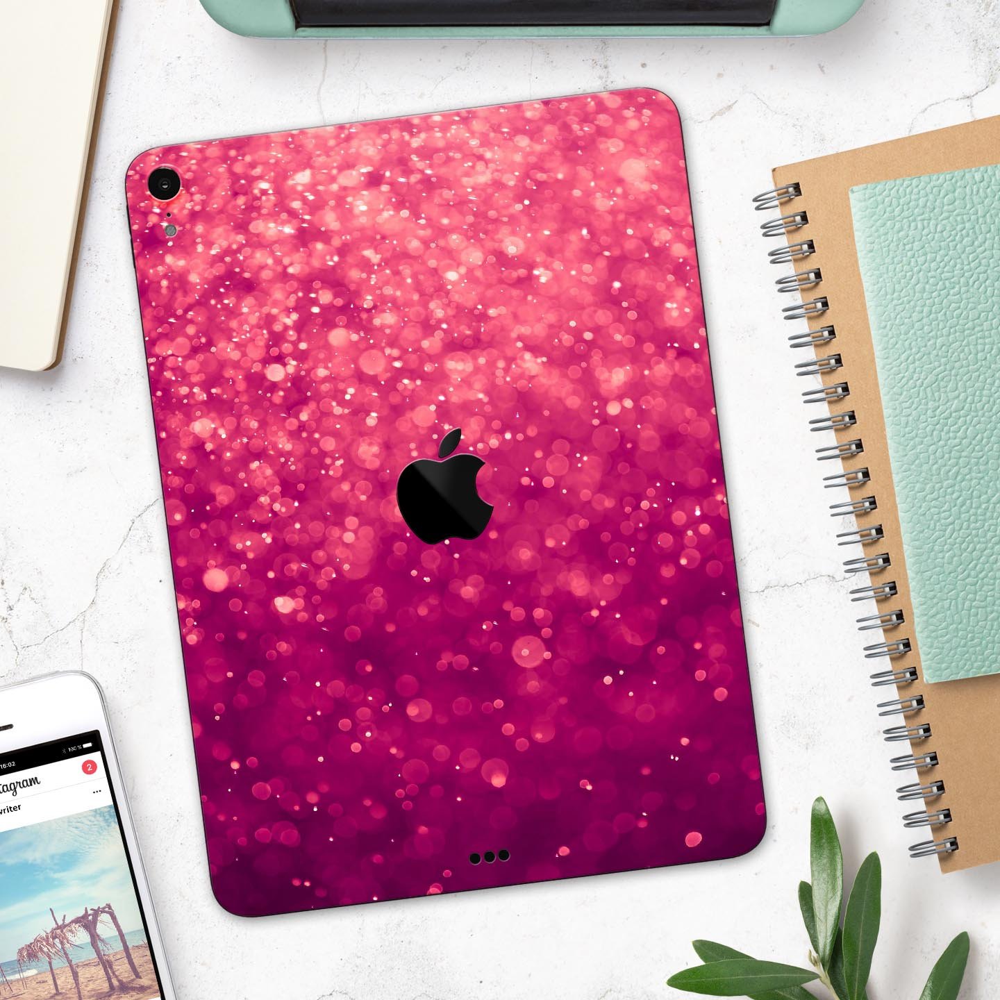 Unfocused Pink Glimmer Full Body Skin Decal for Apple iPad Pro, showcasing a stylish pink design with a glossy finish.