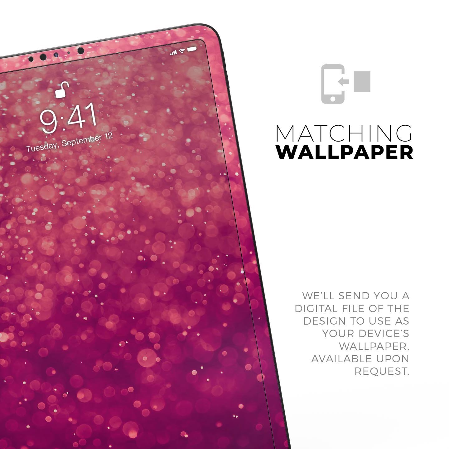 Unfocused Pink Glimmer Full Body Skin Decal for Apple iPad Pro, showcasing a stylish pink design with a glossy finish.