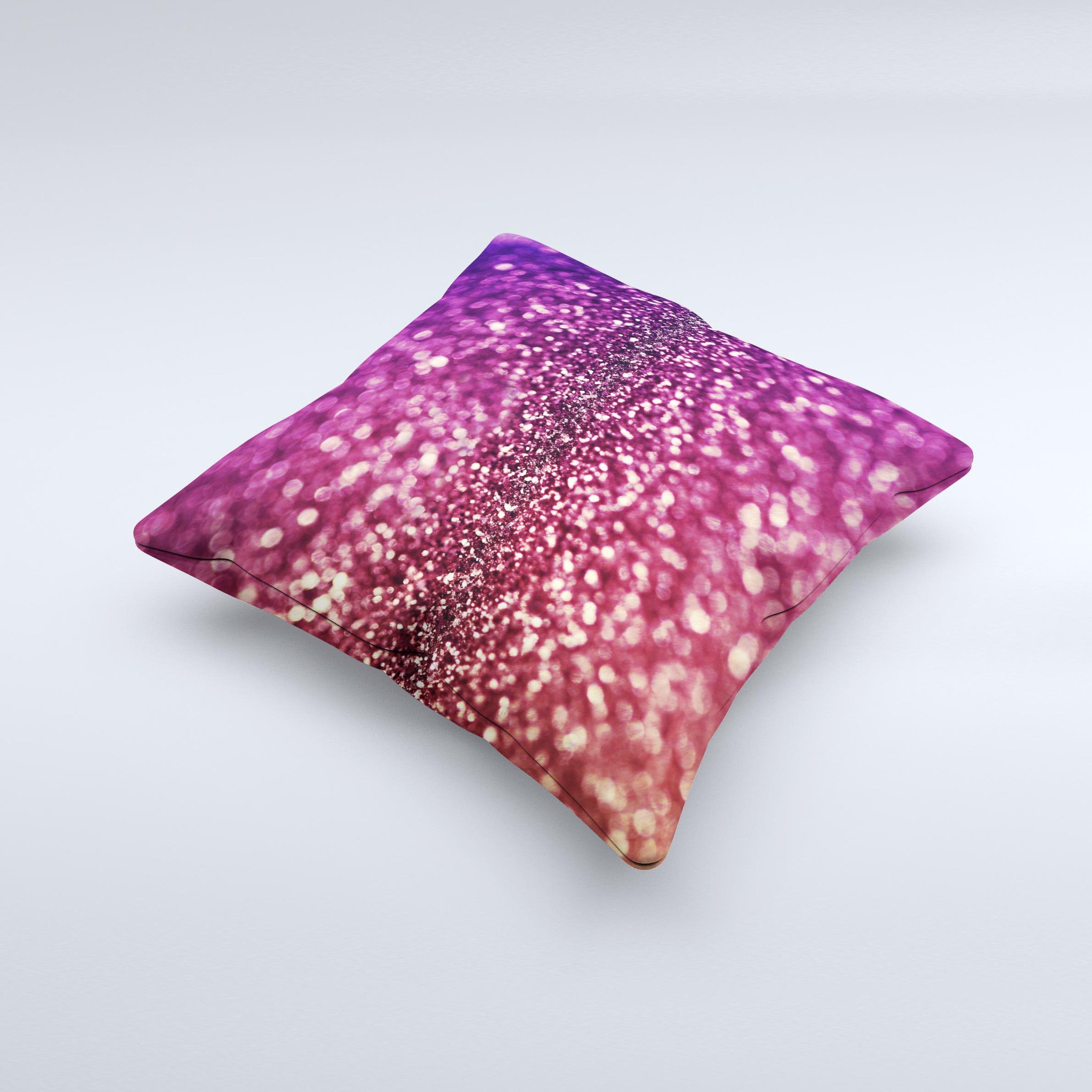 A beautifully handcrafted decorative throw pillow featuring unfocused purple and pink glimmer ink design, showcasing unique imperfections.