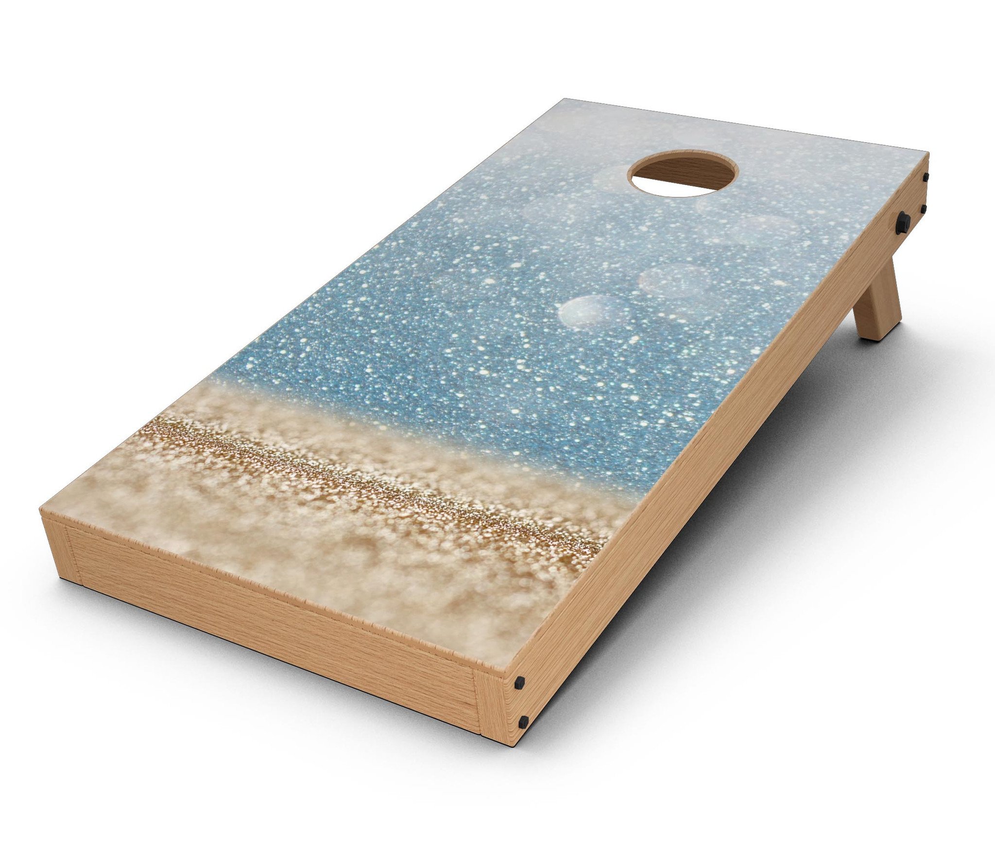 Unfocused Radiant Beach Scene Cornhole Board Skin Decal Kit showcasing vibrant beach colors and design.