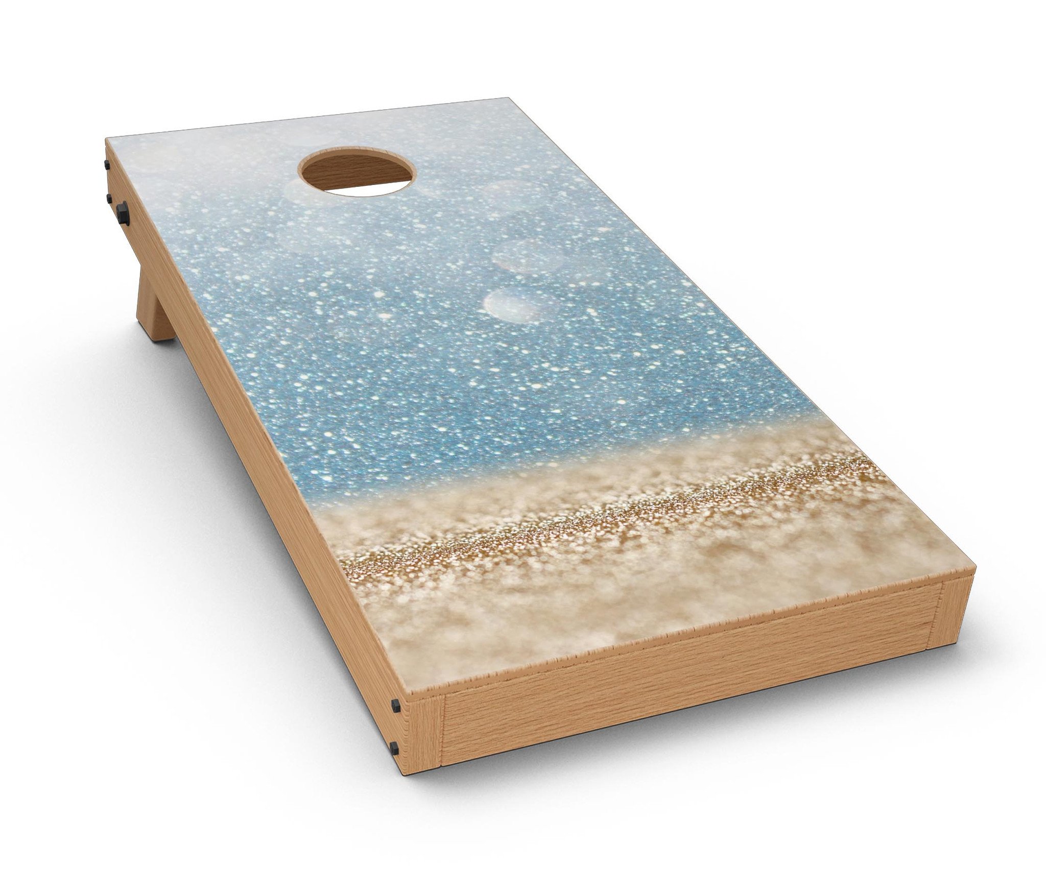 Unfocused Radiant Beach Scene Cornhole Board Skin Decal Kit showcasing vibrant beach colors and design.