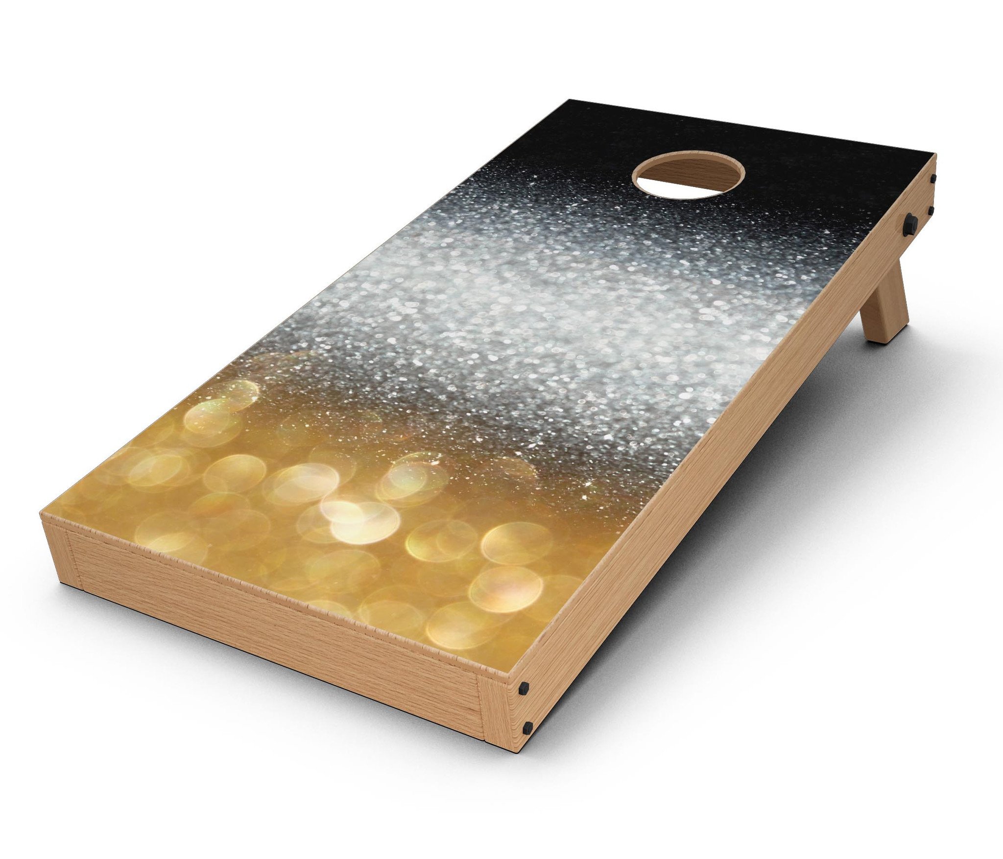 Unfocused Silver Sparkle Cornhole Board Skin Decal Kit with Gold Orbs, showcasing a vibrant and elegant design for game boards.