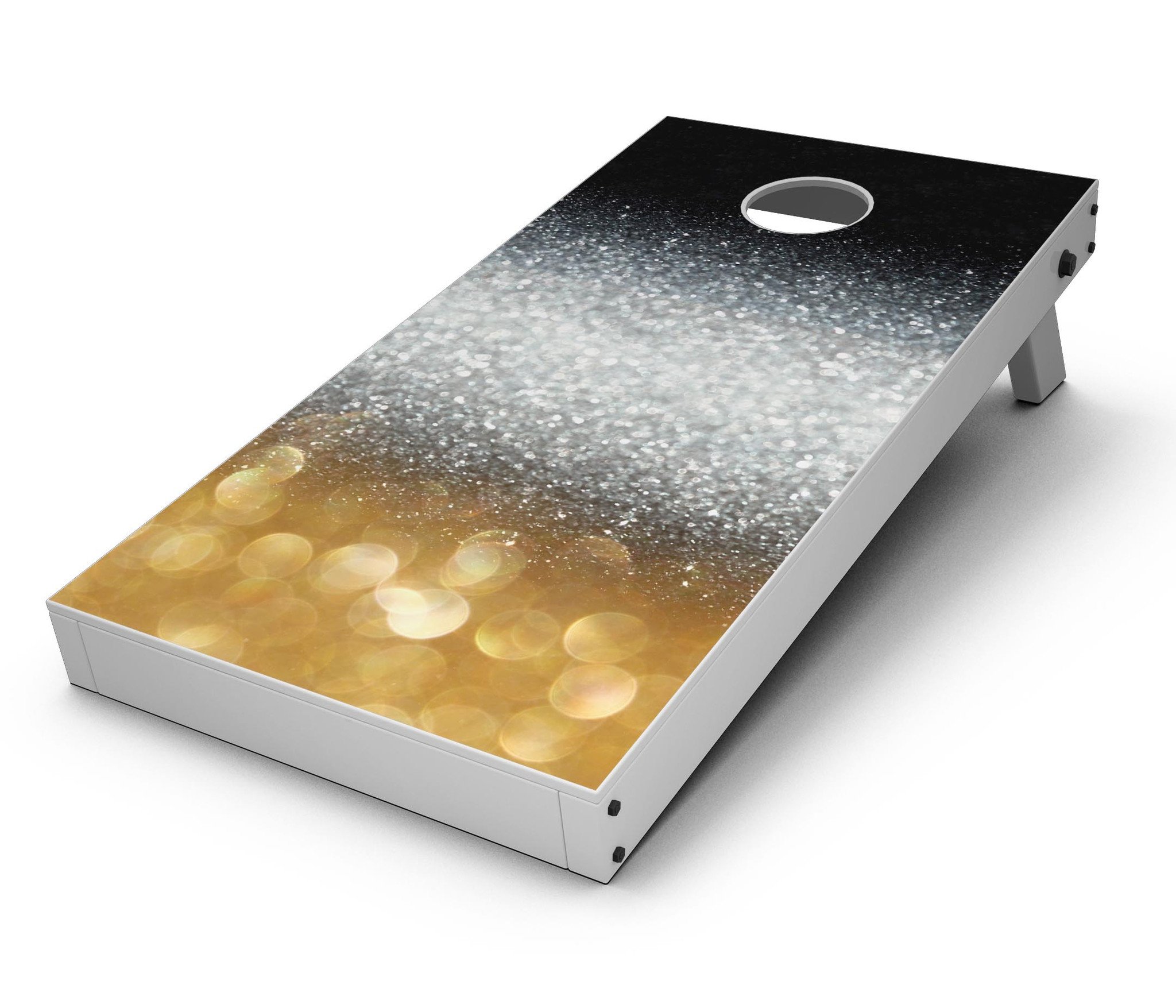 Unfocused Silver Sparkle Cornhole Board Skin Decal Kit with Gold Orbs, showcasing a vibrant and elegant design for game boards.