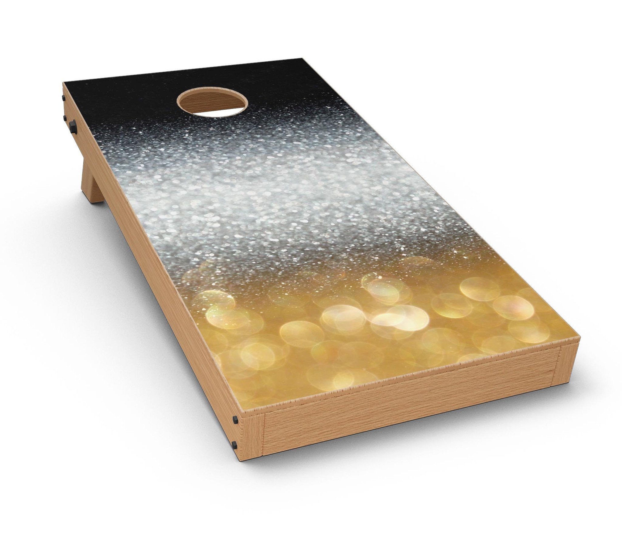 Unfocused Silver Sparkle Cornhole Board Skin Decal Kit with Gold Orbs, showcasing a vibrant and elegant design for game boards.