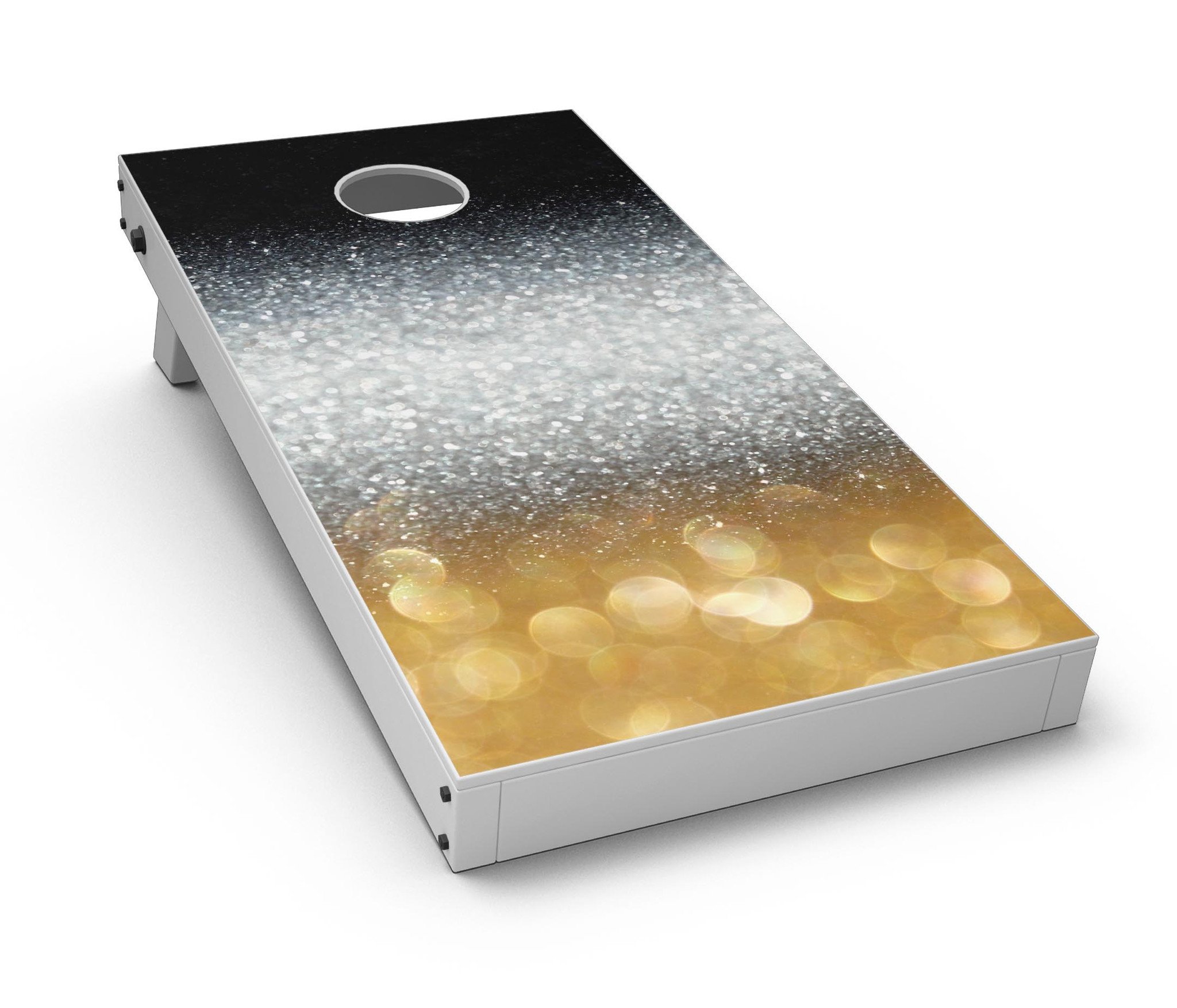 Unfocused Silver Sparkle Cornhole Board Skin Decal Kit with Gold Orbs, showcasing a vibrant and elegant design for game boards.