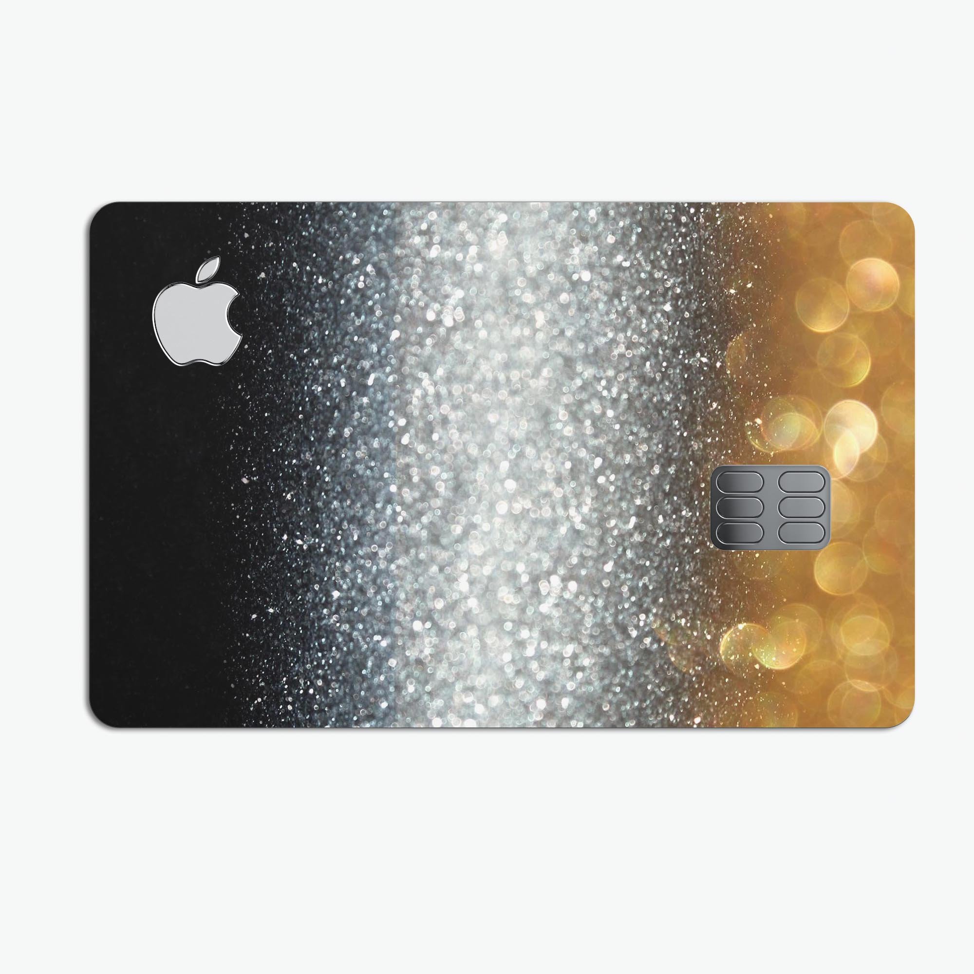 Unfocused Silver Sparkle decal with gold orbs designed for Apple Card protection, showcasing a stylish and premium finish.