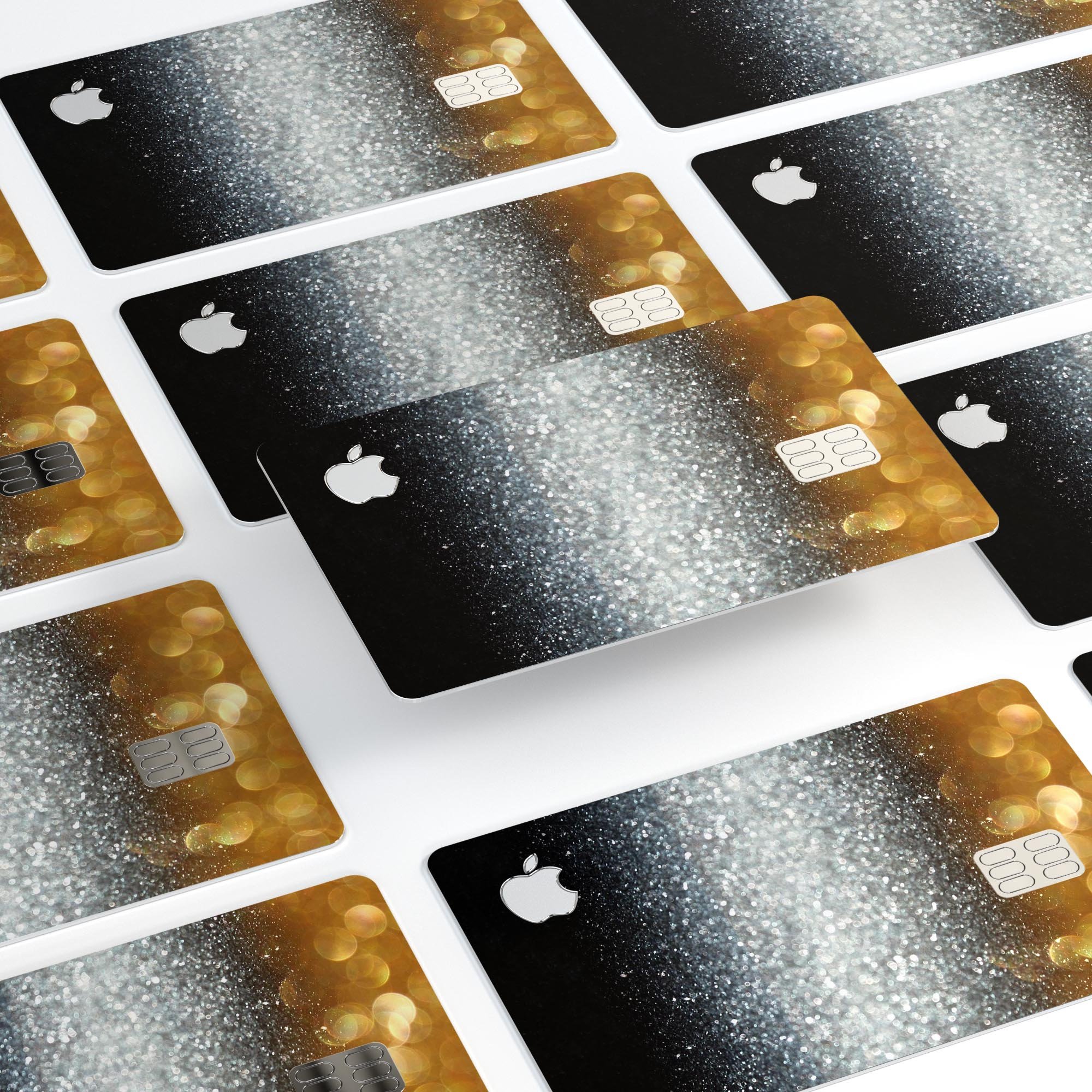 Unfocused Silver Sparkle decal with gold orbs designed for Apple Card protection, showcasing a stylish and premium finish.