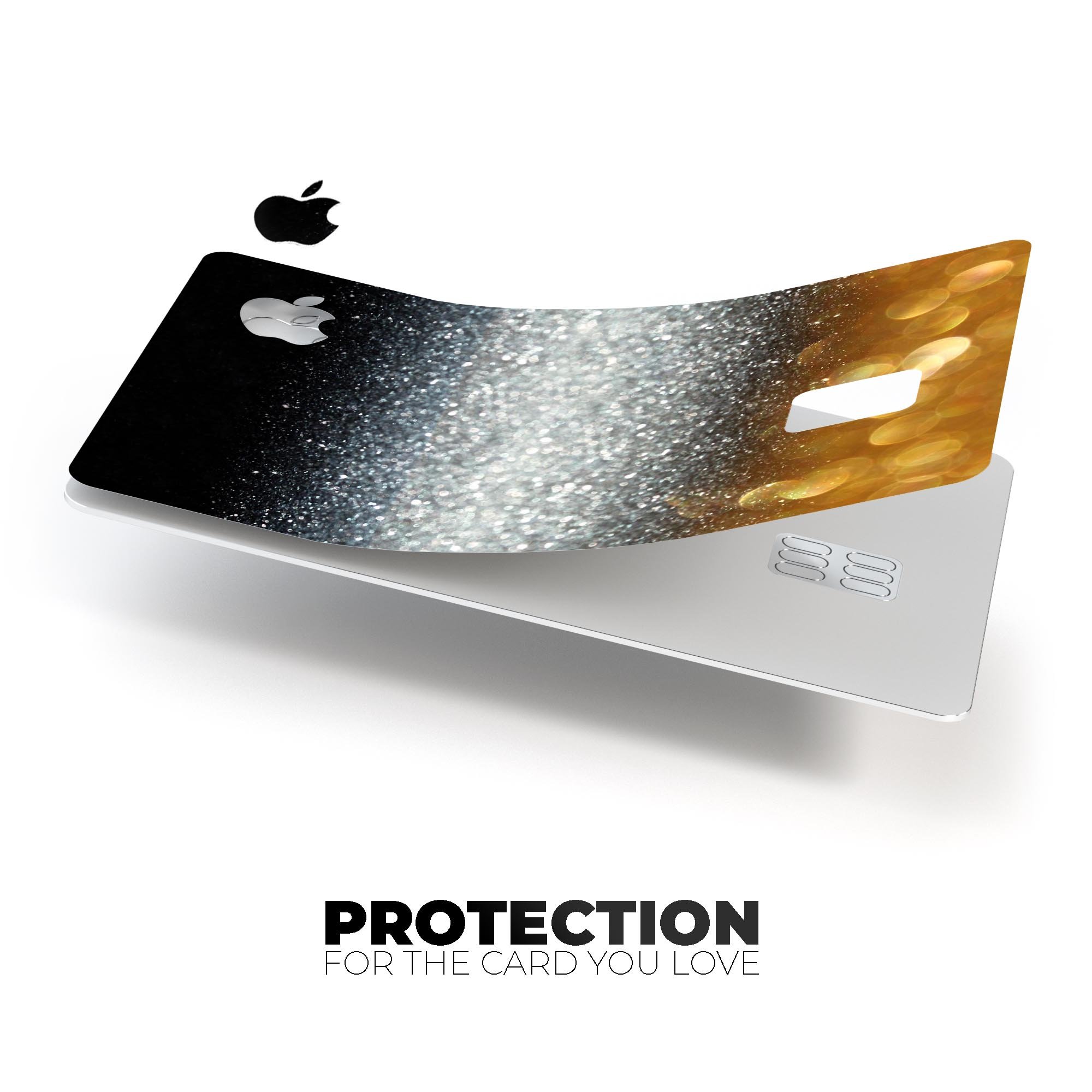 Unfocused Silver Sparkle decal with gold orbs designed for Apple Card protection, showcasing a stylish and premium finish.