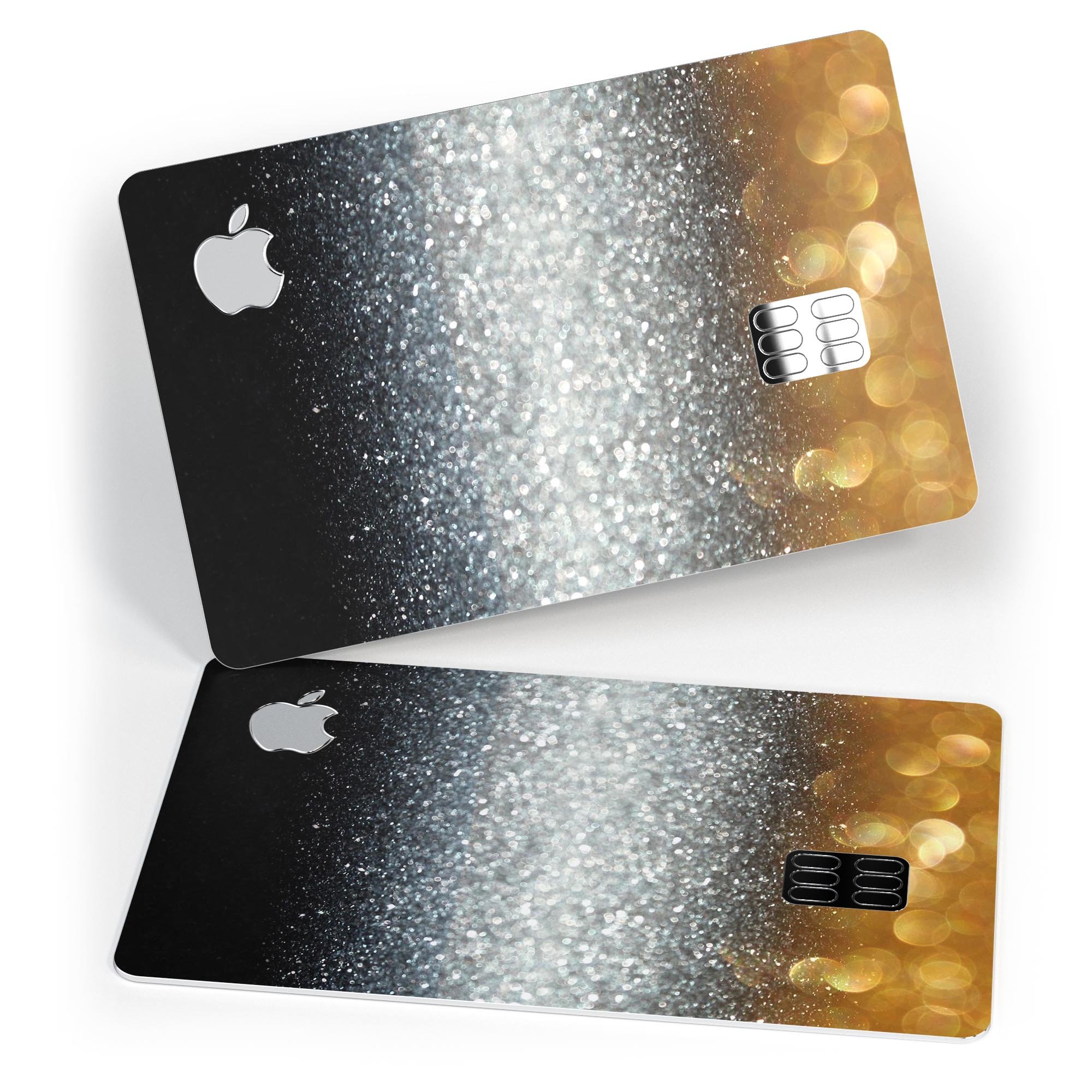 Unfocused Silver Sparkle decal with gold orbs designed for Apple Card protection, showcasing a stylish and premium finish.