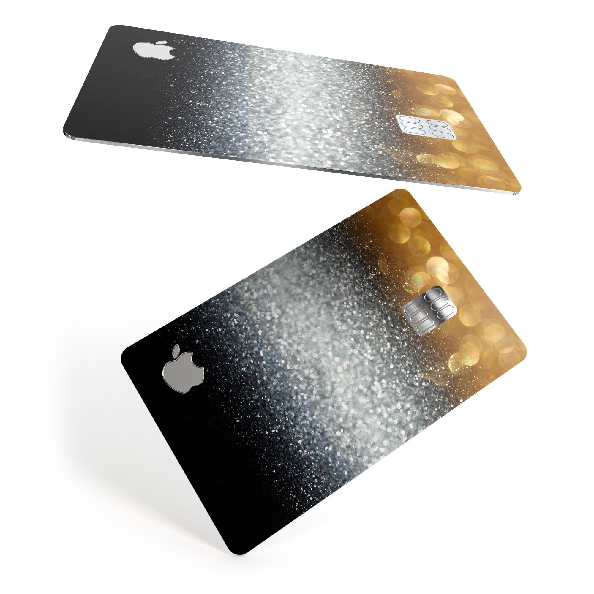 Unfocused Silver Sparkle decal with gold orbs designed for Apple Card protection, showcasing a stylish and premium finish.