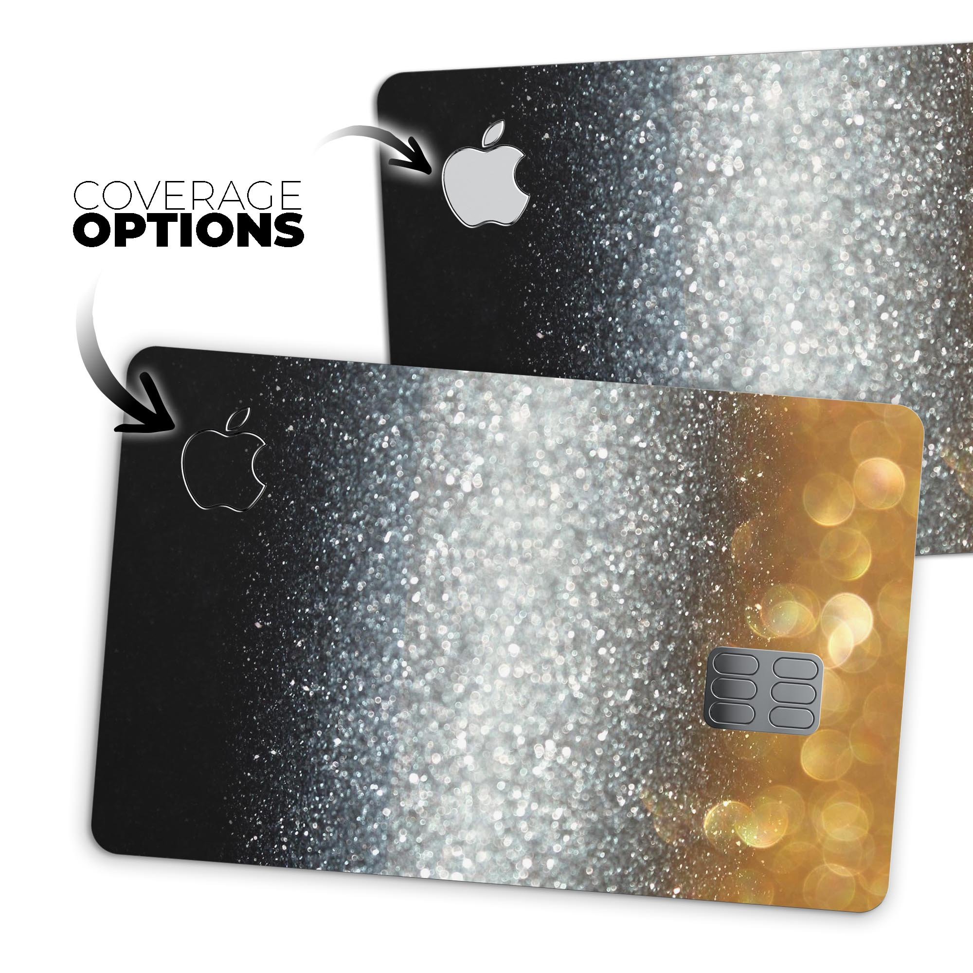 Unfocused Silver Sparkle decal with gold orbs designed for Apple Card protection, showcasing a stylish and premium finish.