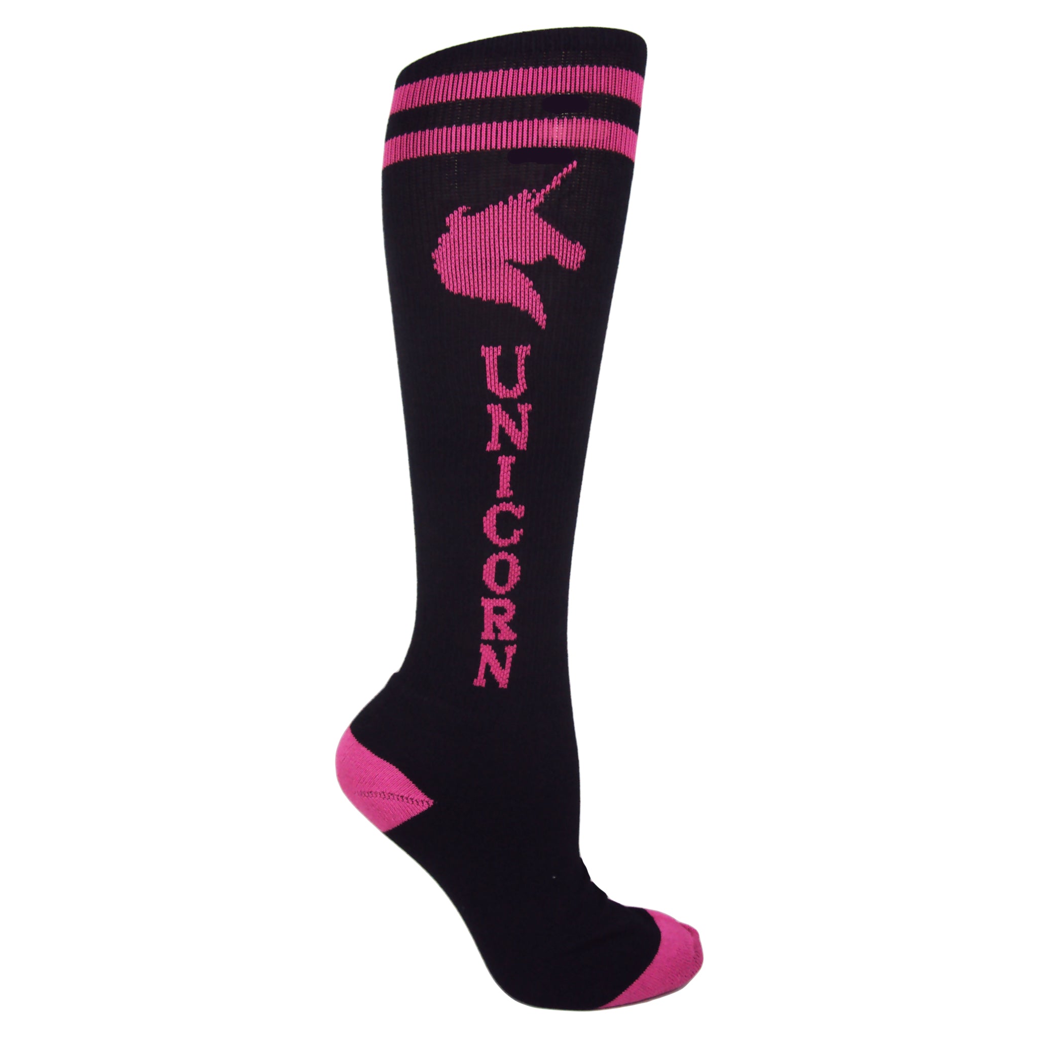 Colorful Unicorn Knee High Socks featuring a vibrant rainbow design, perfect for youth wear.