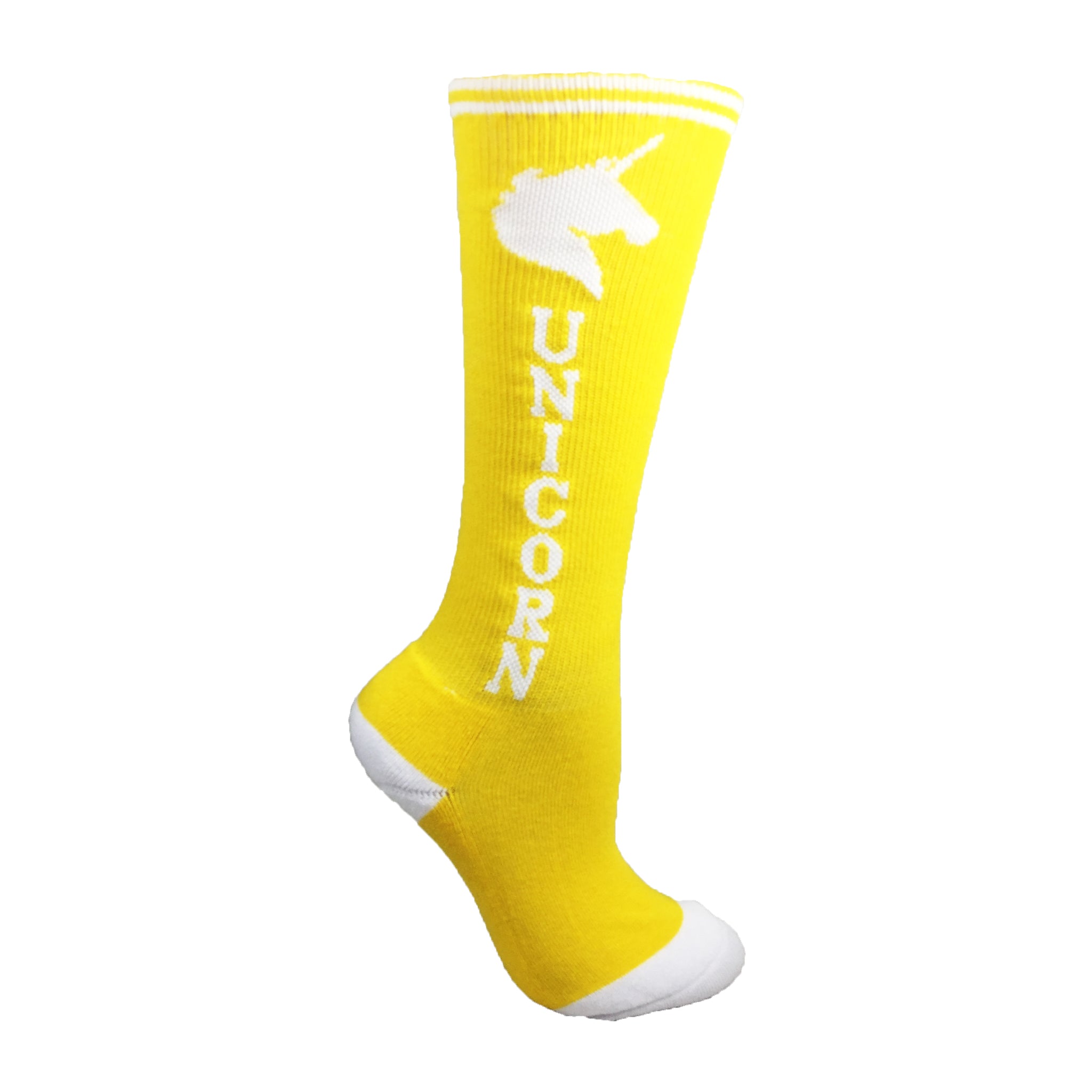 Colorful Unicorn Knee High Socks featuring a vibrant rainbow design, perfect for youth wear.