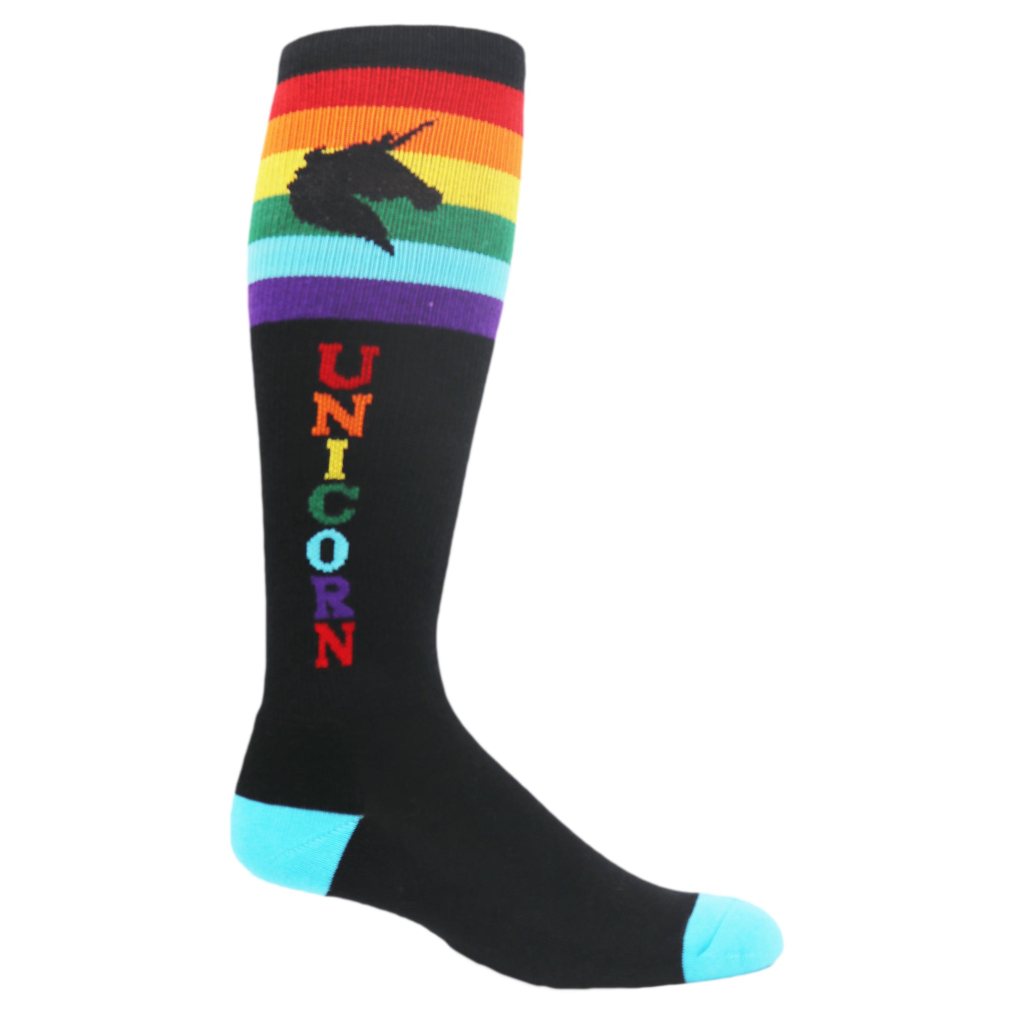 Colorful Unicorn Knee High Socks featuring a vibrant rainbow design, perfect for youth wear.