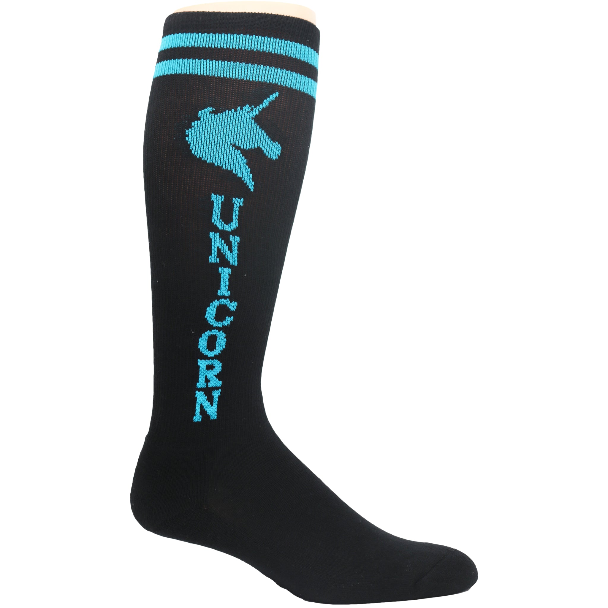 Colorful Unicorn Knee High Socks featuring a vibrant rainbow design, perfect for youth wear.