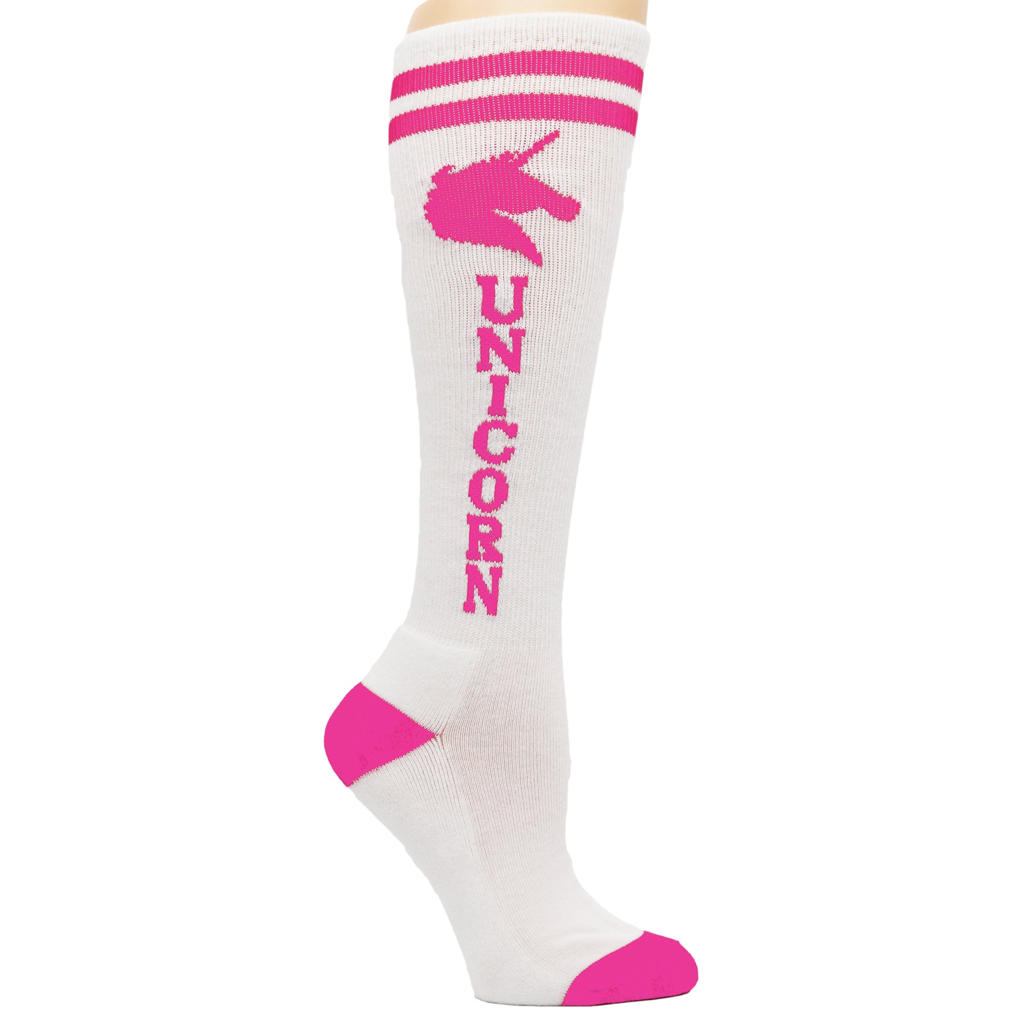 Colorful Unicorn Knee High Socks featuring a vibrant rainbow design, perfect for youth wear.