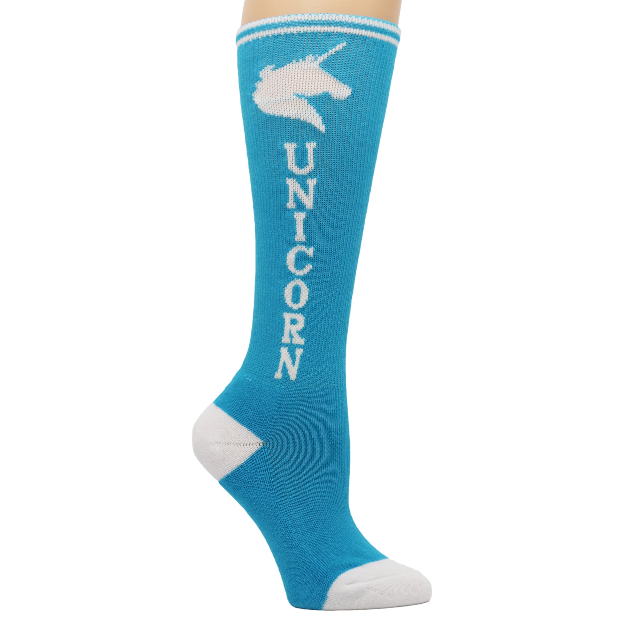 Colorful Unicorn Knee High Socks featuring a vibrant rainbow design, perfect for youth wear.