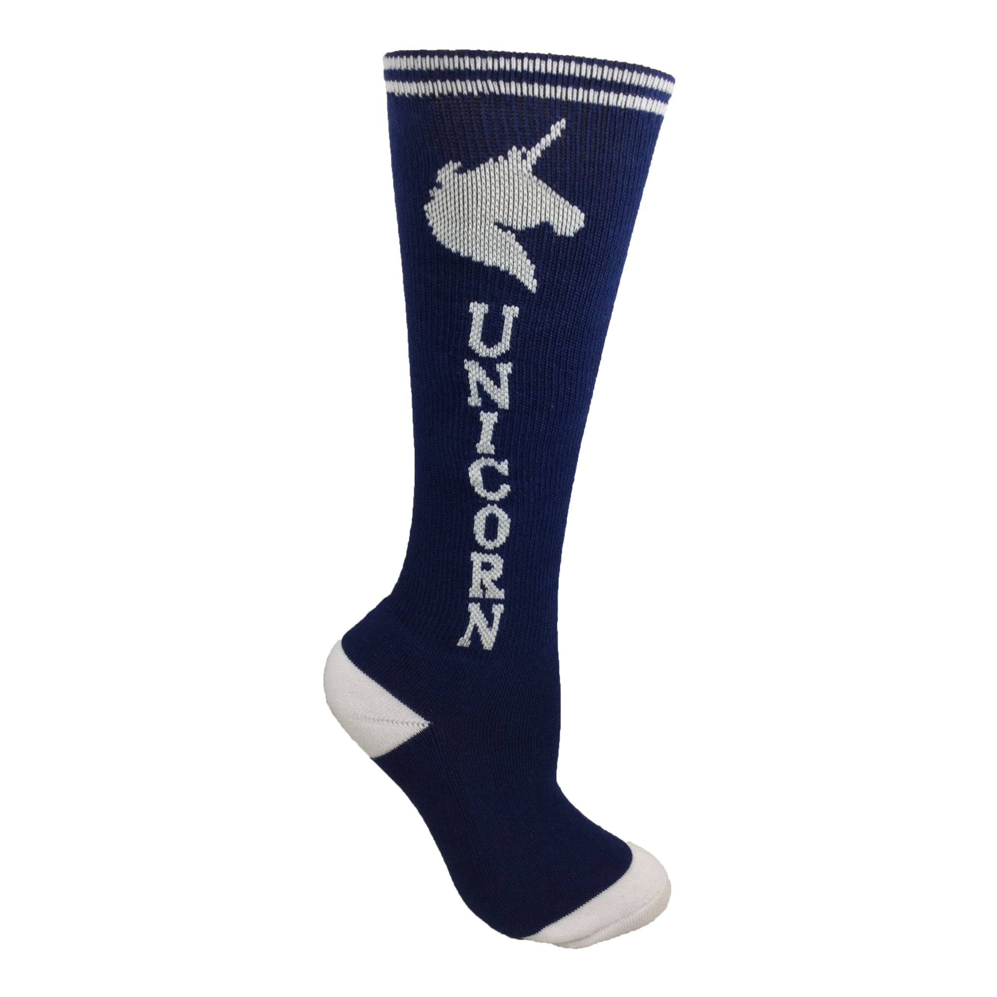 Colorful Unicorn Knee High Socks featuring a vibrant rainbow design, perfect for youth wear.