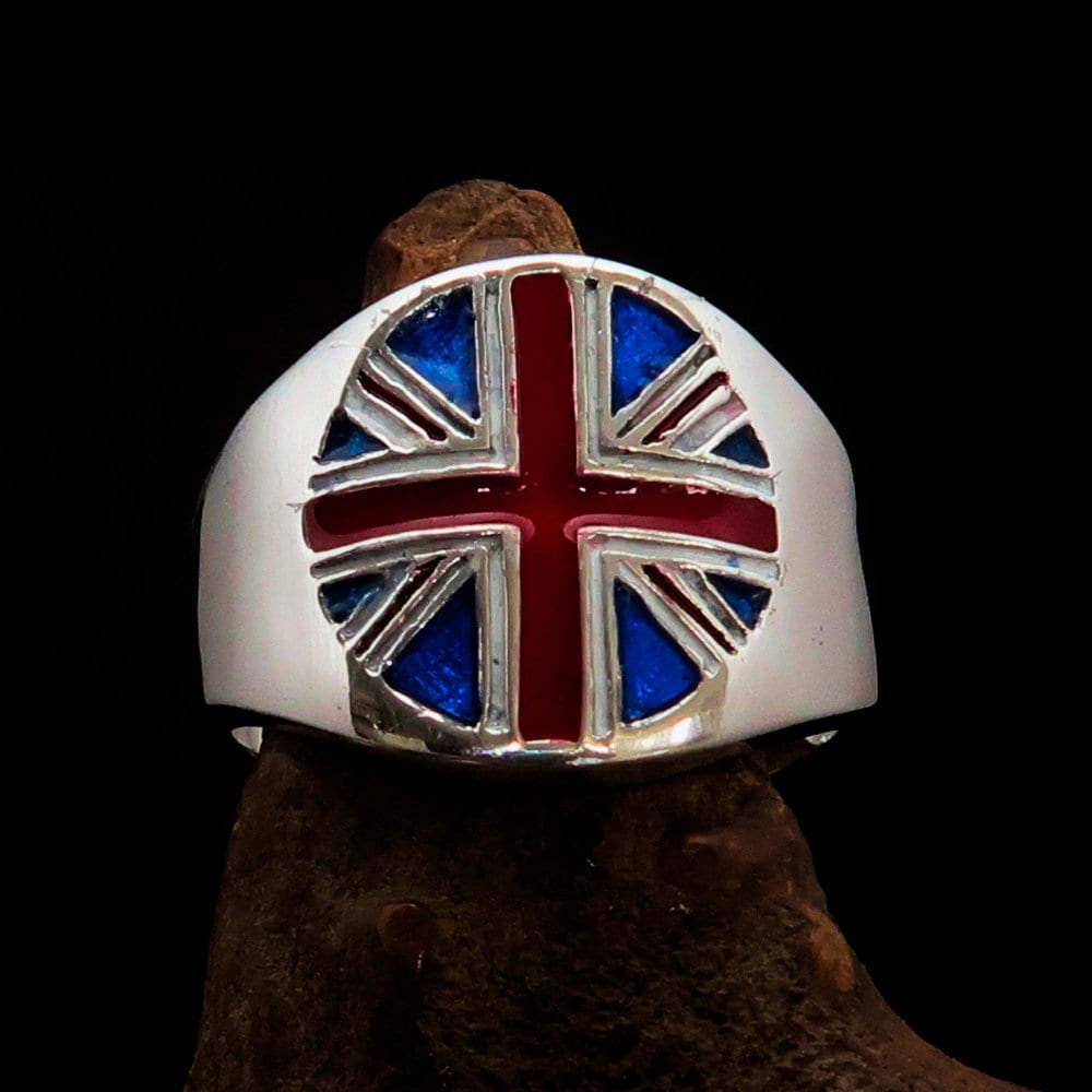 Sterling silver Union Jack pinky ring showcasing the national flag of the UK with a mirror-polished finish.