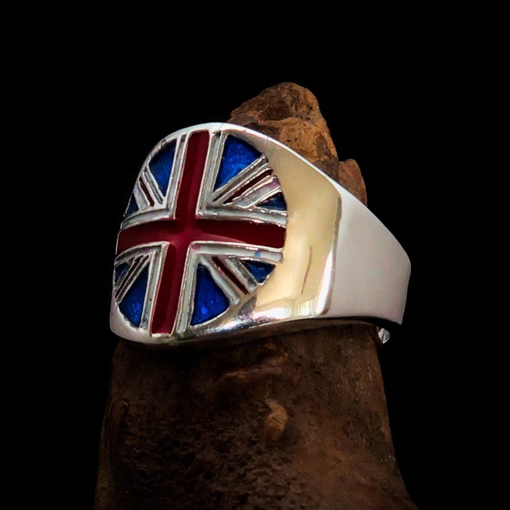 Sterling silver Union Jack pinky ring showcasing the national flag of the UK with a mirror-polished finish.