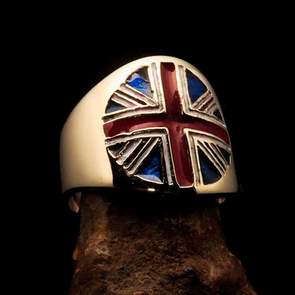 Union Jack Ring featuring the UK flag in polished brass with enamel inlay, round shape, suitable for men and women.