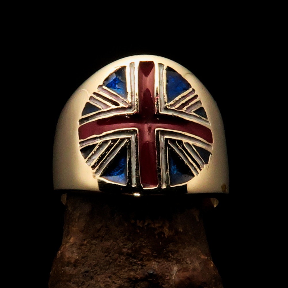 Union Jack Ring featuring the UK flag in polished brass with enamel inlay, round shape, suitable for men and women.