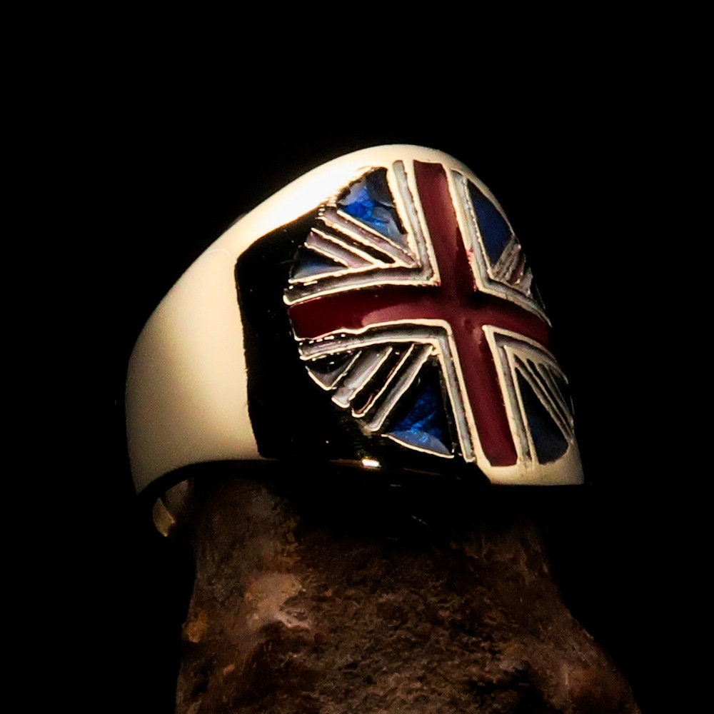 Union Jack Ring featuring the UK flag in polished brass with enamel inlay, round shape, suitable for men and women.