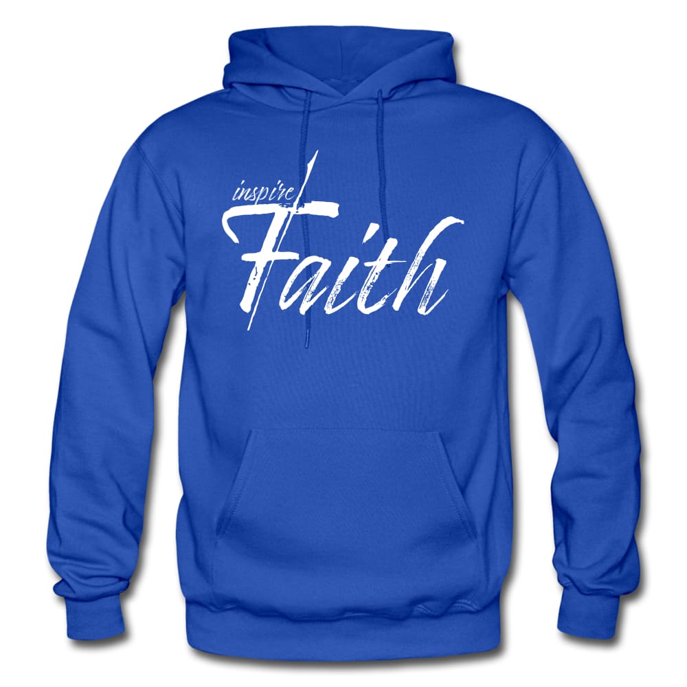 Unisex Hooded Blue Sweatshirt featuring Inspire Faith graphic, showcasing its stylish design and practical features.