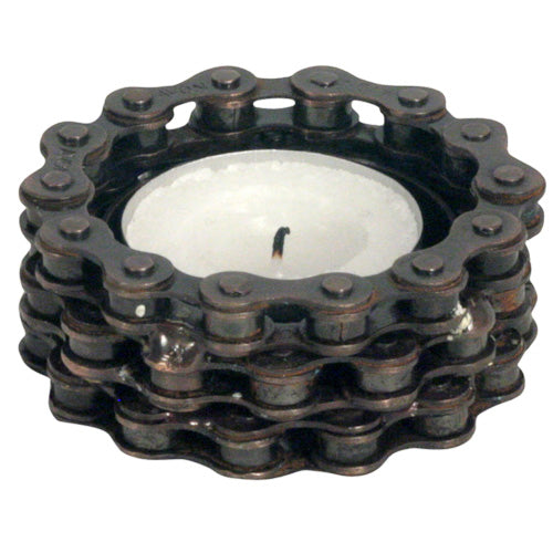 Upcycled bike chain tealight holder, showcasing intricate metalwork and unique design, perfect for eco-friendly decor.