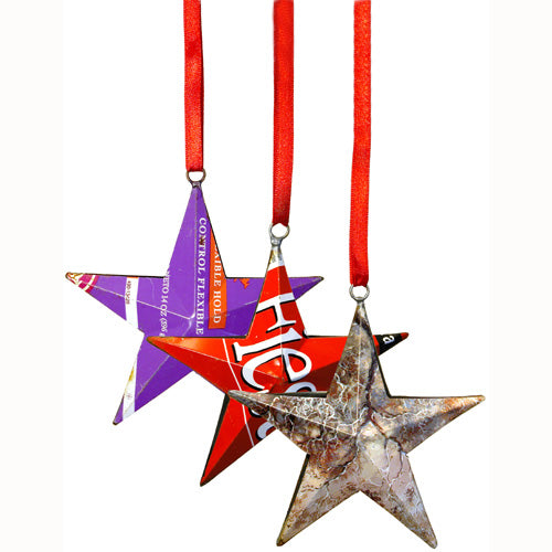 Handcrafted Upcycled Metal Can Star Ornament with red ribbon, showcasing unique design and eco-friendly craftsmanship.