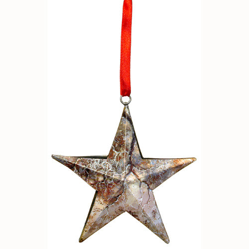 Handcrafted Upcycled Metal Can Star Ornament with red ribbon, showcasing unique design and eco-friendly craftsmanship.