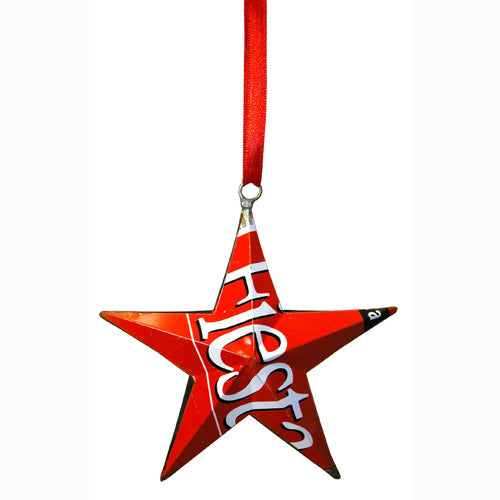 Handcrafted Upcycled Metal Can Star Ornament with red ribbon, showcasing unique design and eco-friendly craftsmanship.