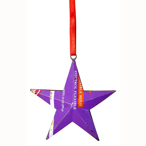 Handcrafted Upcycled Metal Can Star Ornament with red ribbon, showcasing unique design and eco-friendly craftsmanship.