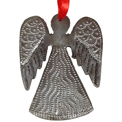 A collection of beautifully handcrafted upcycled metal ornaments from Haiti, showcasing unique designs like angels, elephants, and hearts.