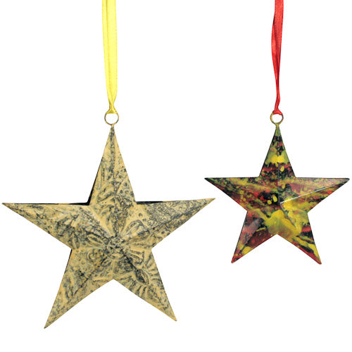 Handcrafted Upcycled Metal Star Ornament in vibrant yellow and red colors, showcasing a unique sponging technique, perfect for holiday decor.