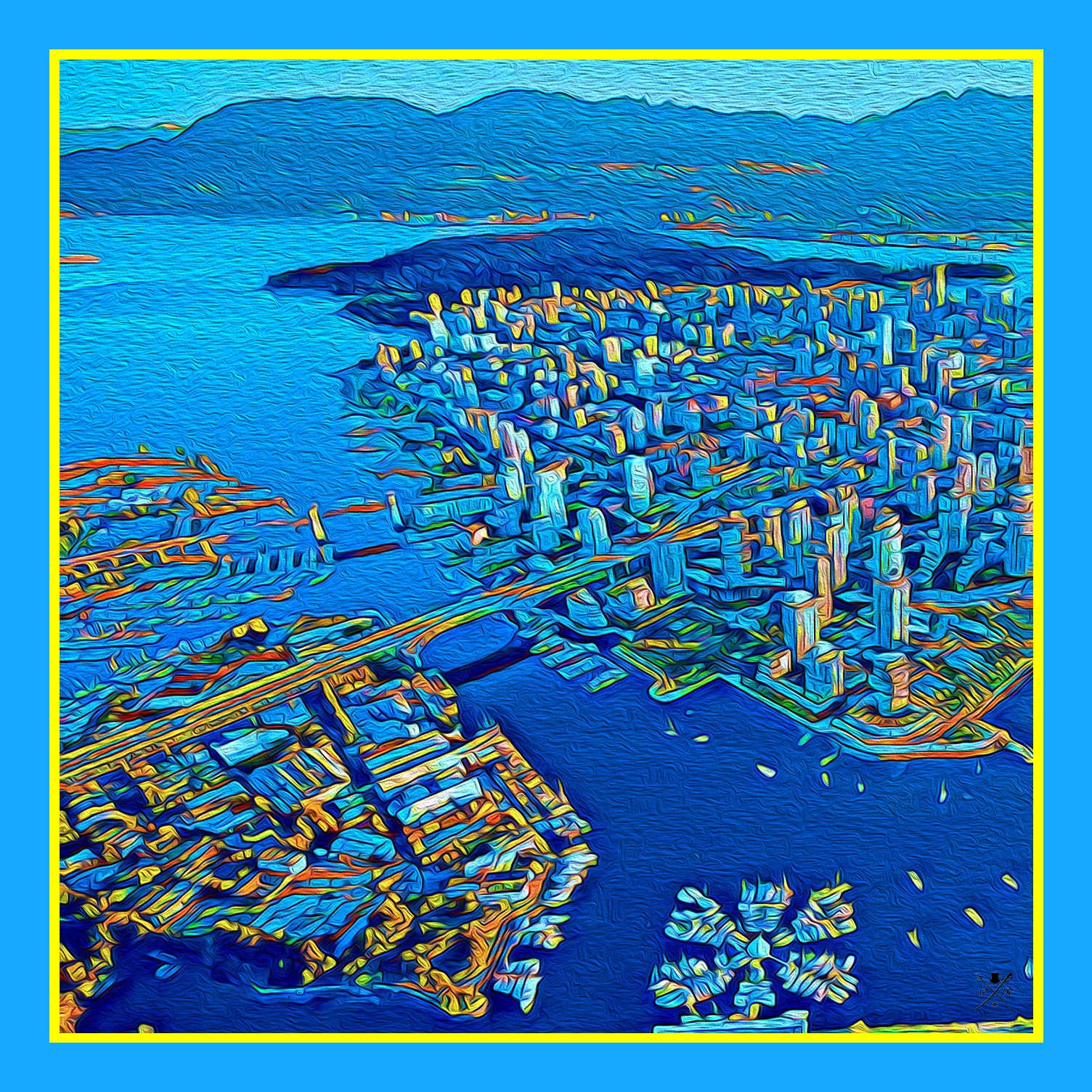 A luxurious Vancouver Skyline Scarf made of 100% Italian silk, featuring a vibrant print of the Vancouver skyline against a backdrop of mountains.