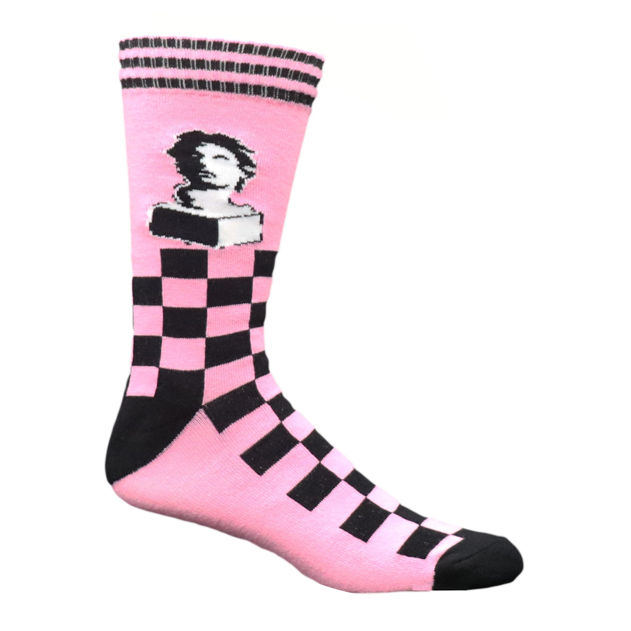 Vaporwave aesthetic crew socks featuring a black and pink checkerboard design, inspired by retro art and music.