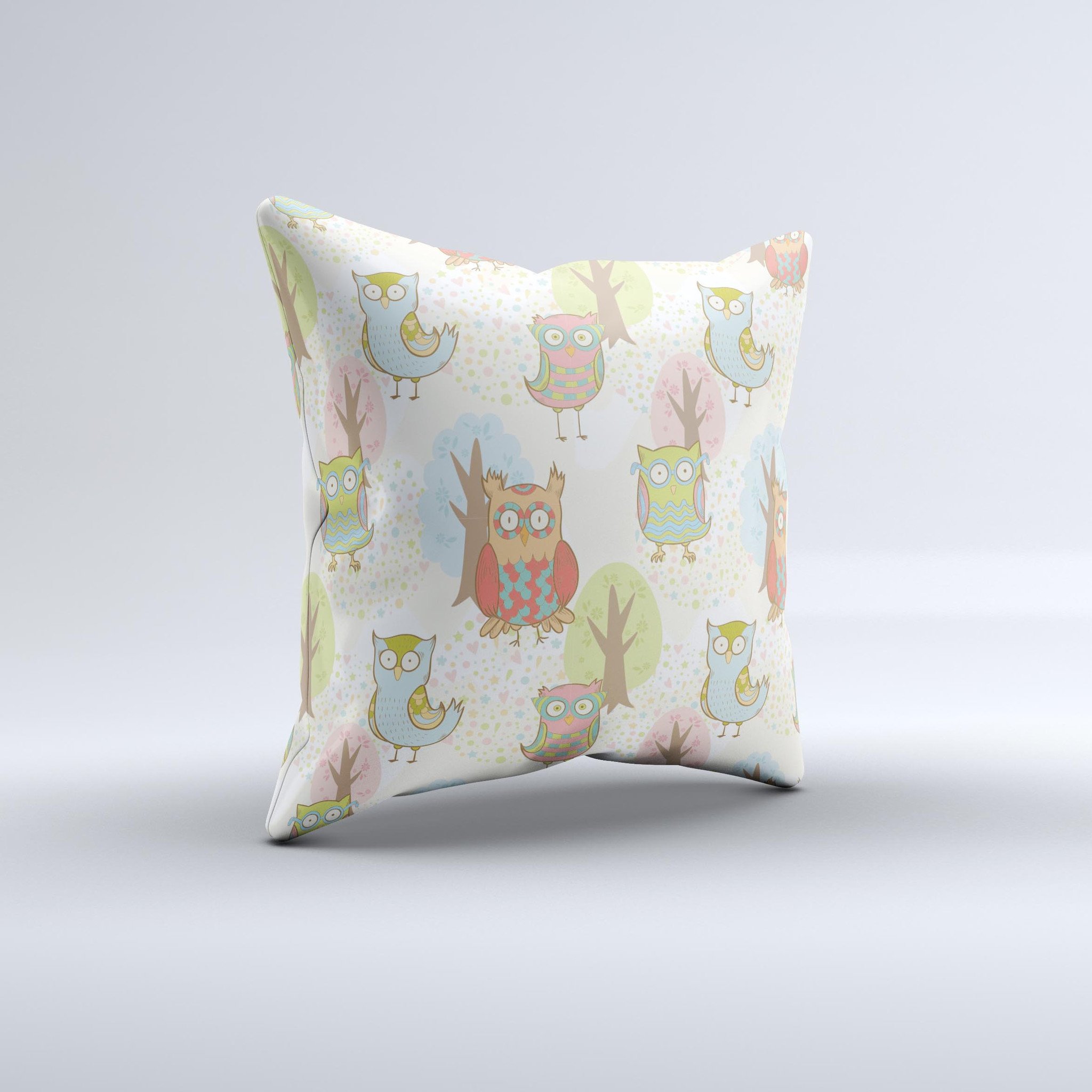 A decorative throw pillow featuring a whimsical cartoon owl pattern, handcrafted with high-quality fabric and filled with non-allergenic polyester.