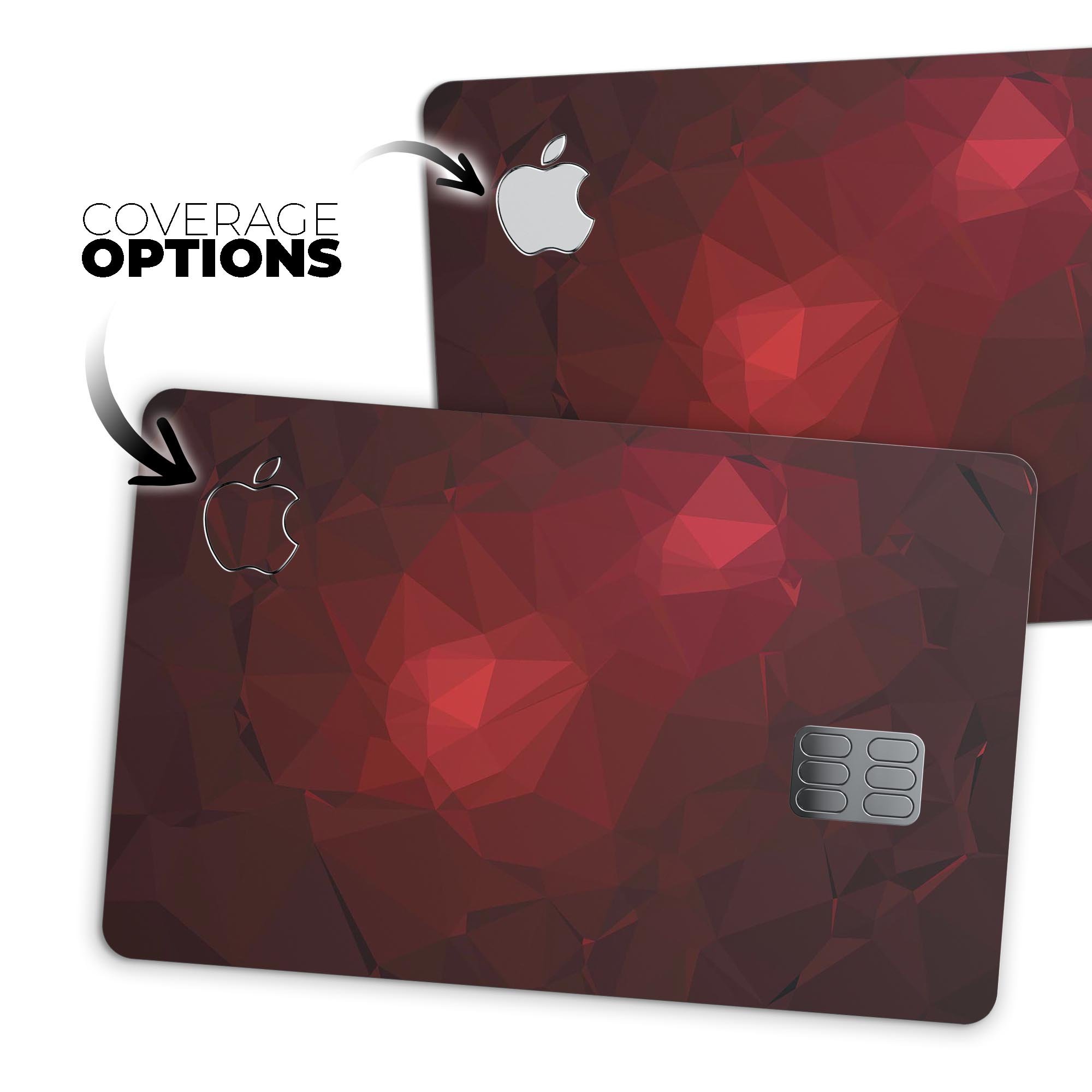 Varying shades of red geometric shapes decal on an Apple Card, showcasing its stylish design and premium quality.