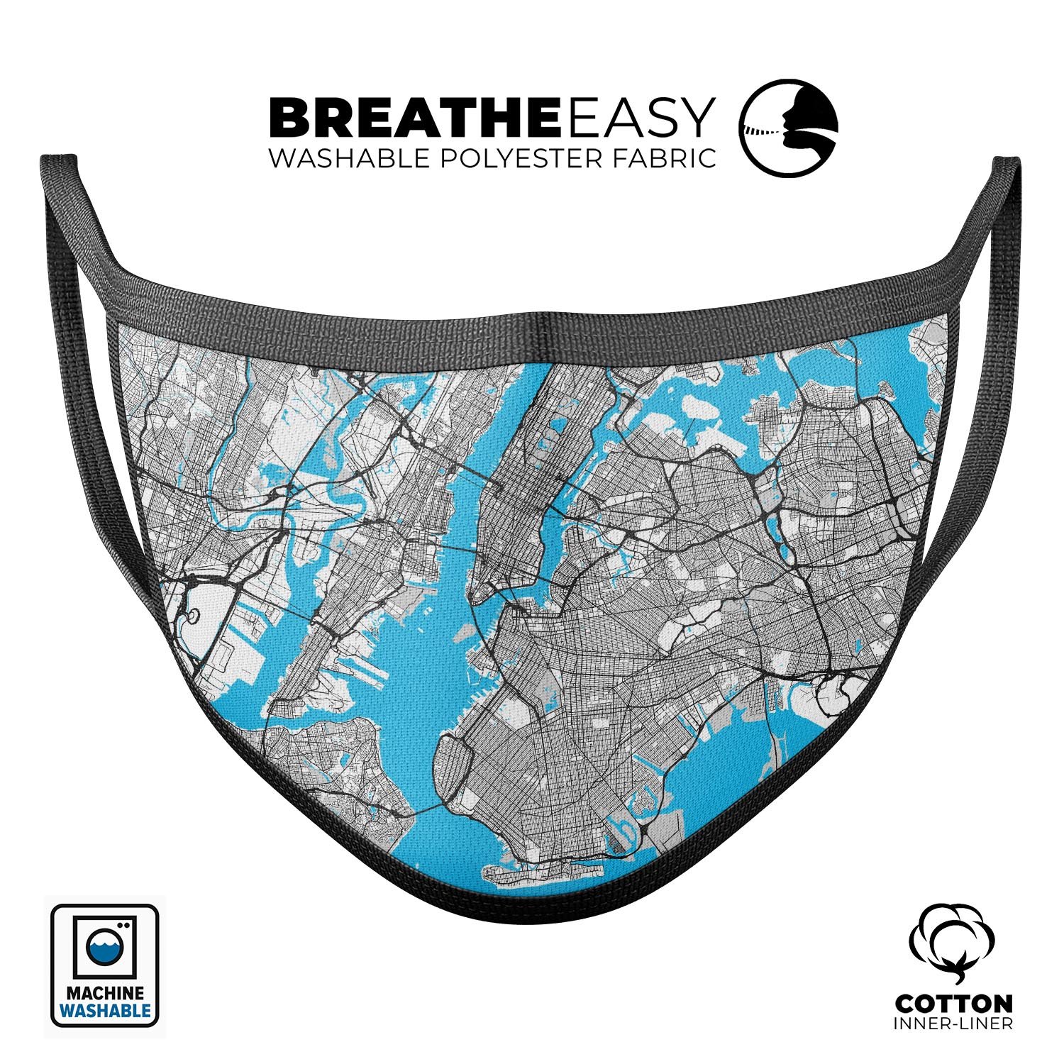 Vector art illustration of New York City on a reusable face mask, showcasing vibrant colors and a comfortable design.