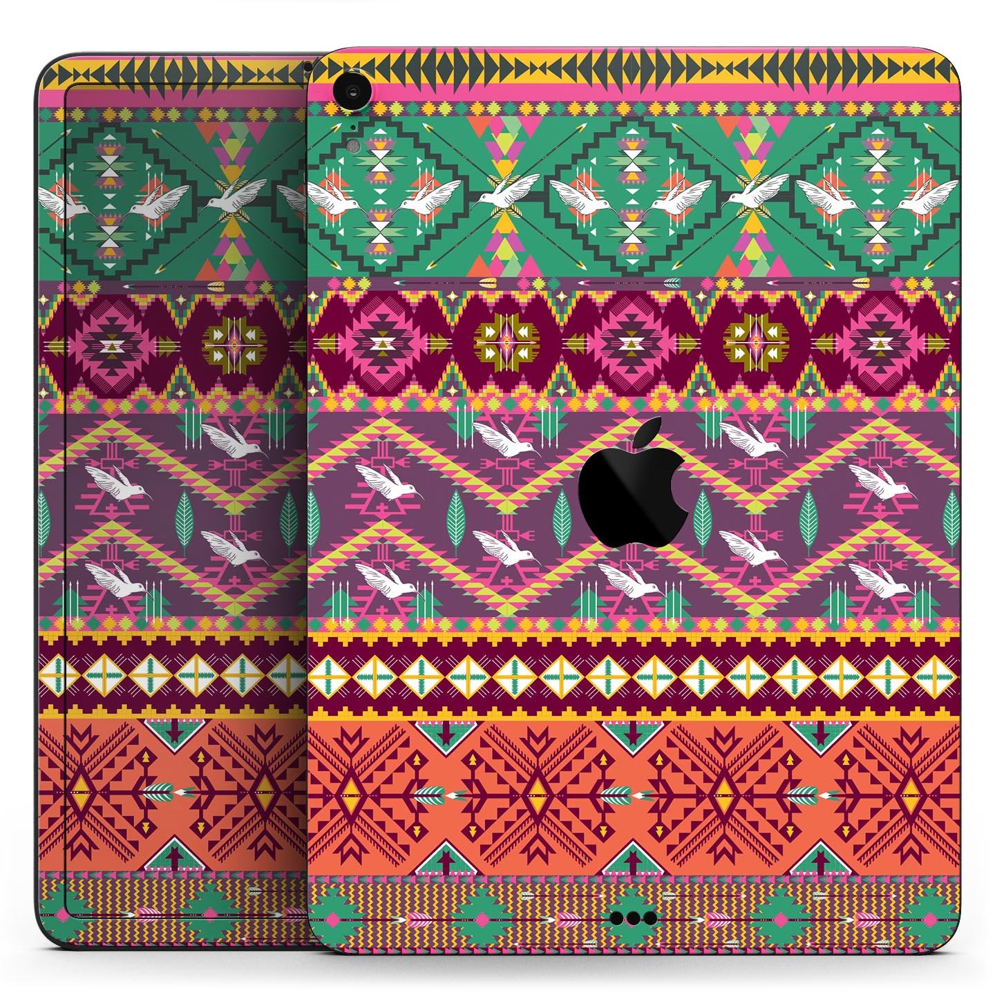 Vector Aztec Birdy Pattern skin decal for Apple iPad, showcasing vibrant colors and intricate design for stylish protection.