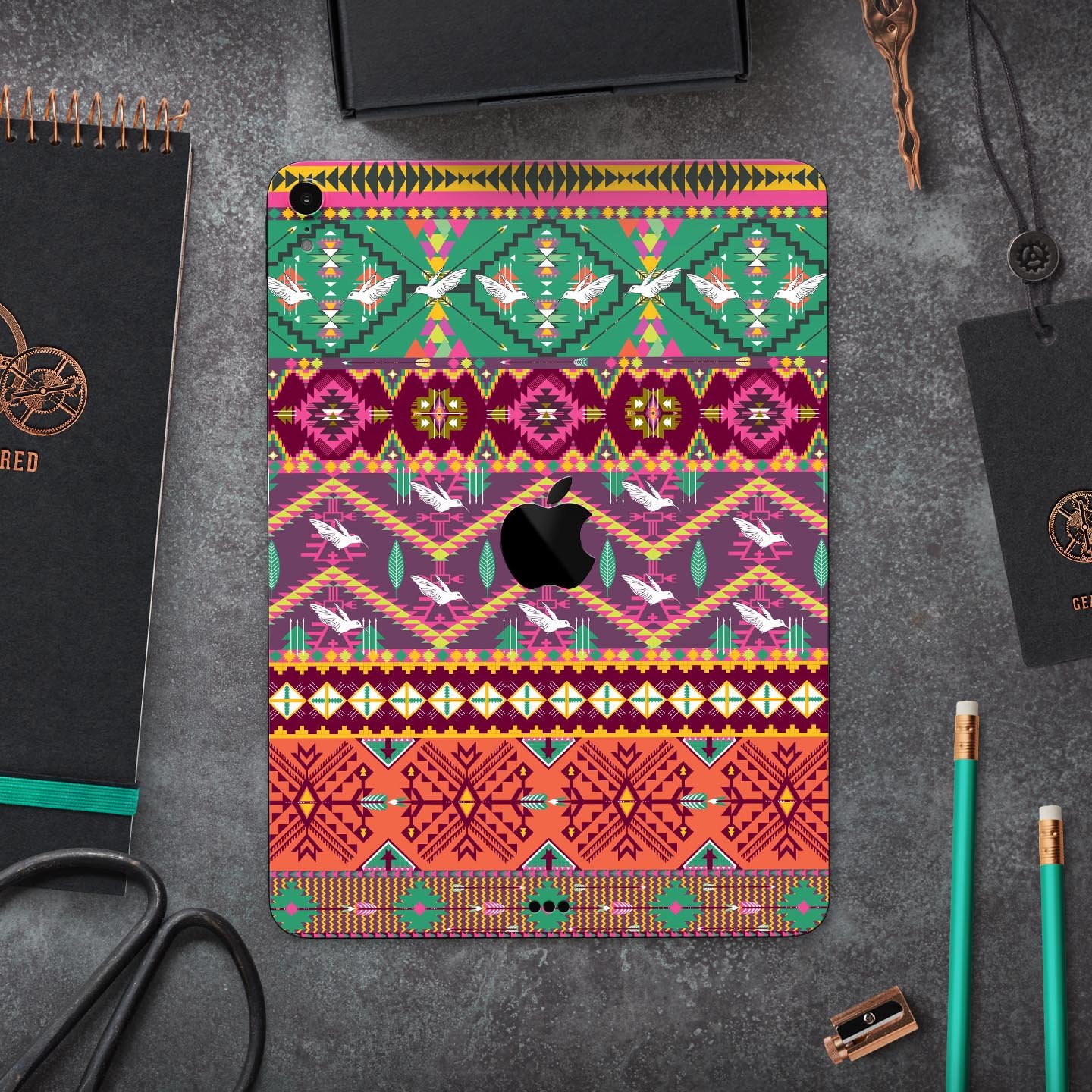 Vector Aztec Birdy Pattern skin decal for Apple iPad, showcasing vibrant colors and intricate design for stylish protection.