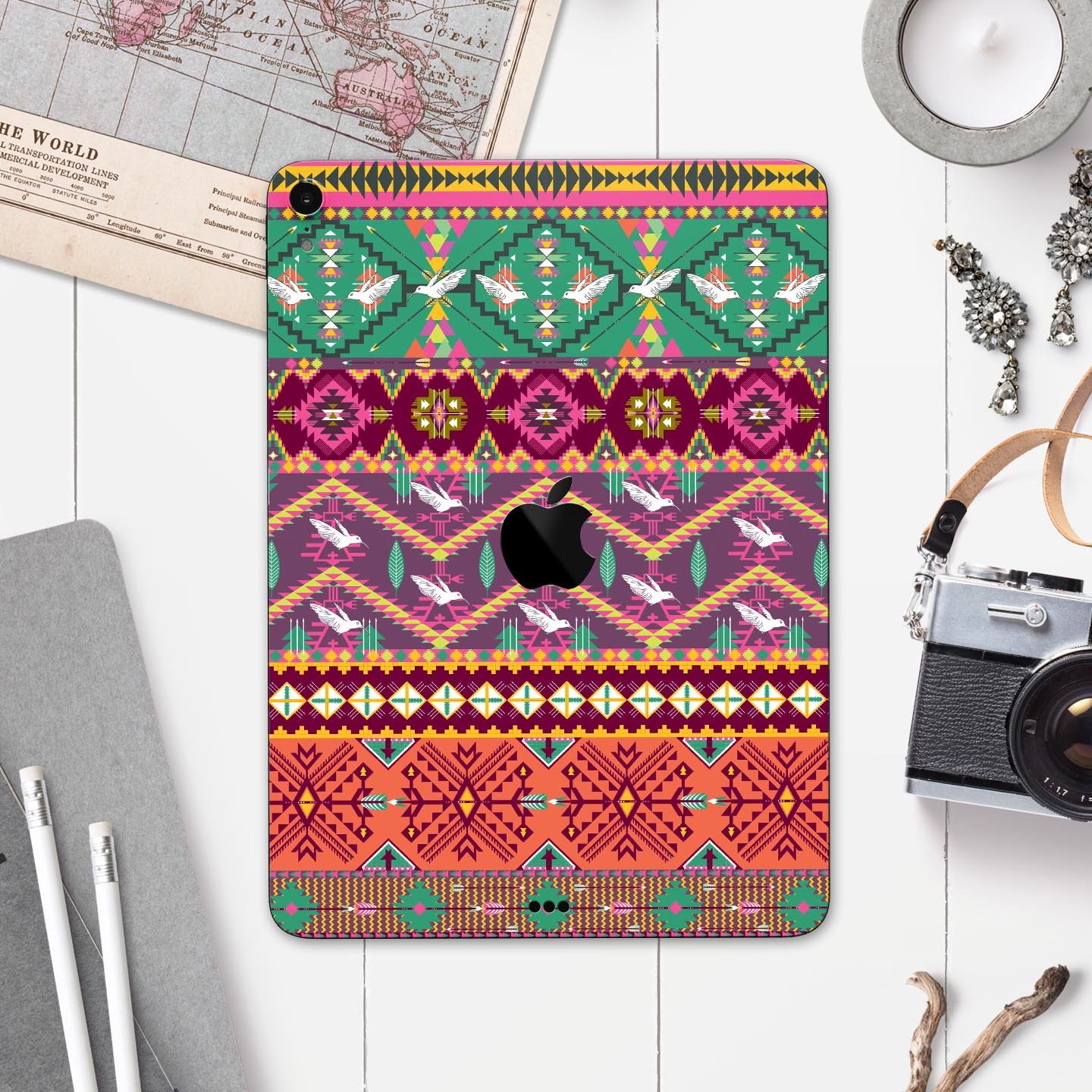 Vector Aztec Birdy Pattern skin decal for Apple iPad, showcasing vibrant colors and intricate design for stylish protection.