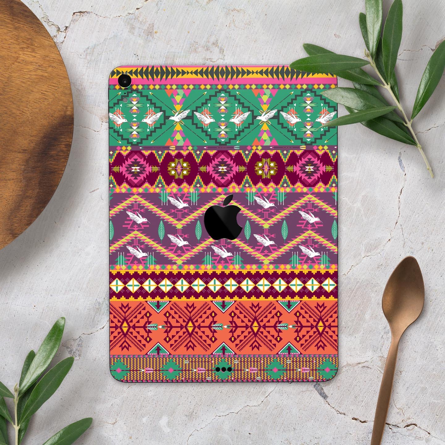 Vector Aztec Birdy Pattern skin decal for Apple iPad, showcasing vibrant colors and intricate design for stylish protection.