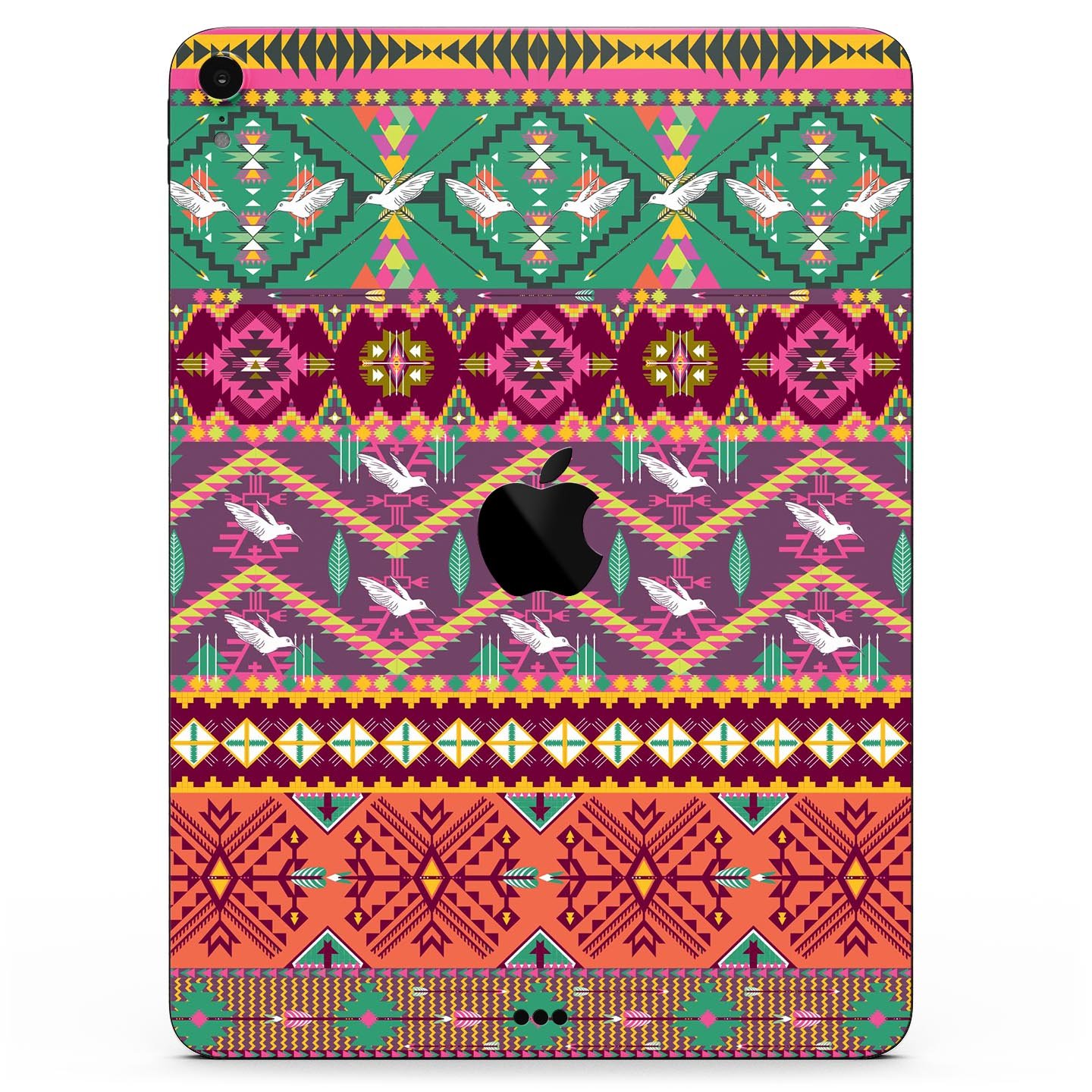 Vector Aztec Birdy Pattern skin decal for Apple iPad, showcasing vibrant colors and intricate design for stylish protection.