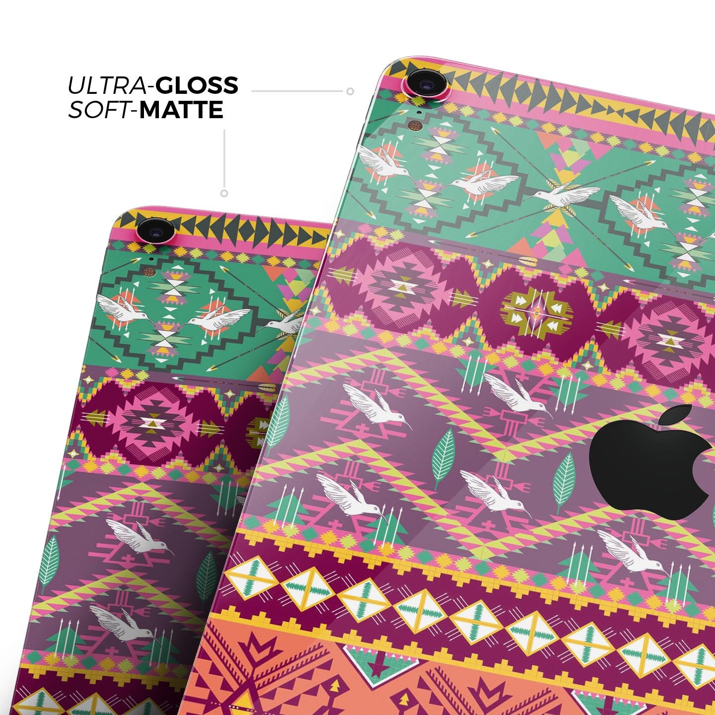 Vector Aztec Birdy Pattern skin decal for Apple iPad, showcasing vibrant colors and intricate design for stylish protection.